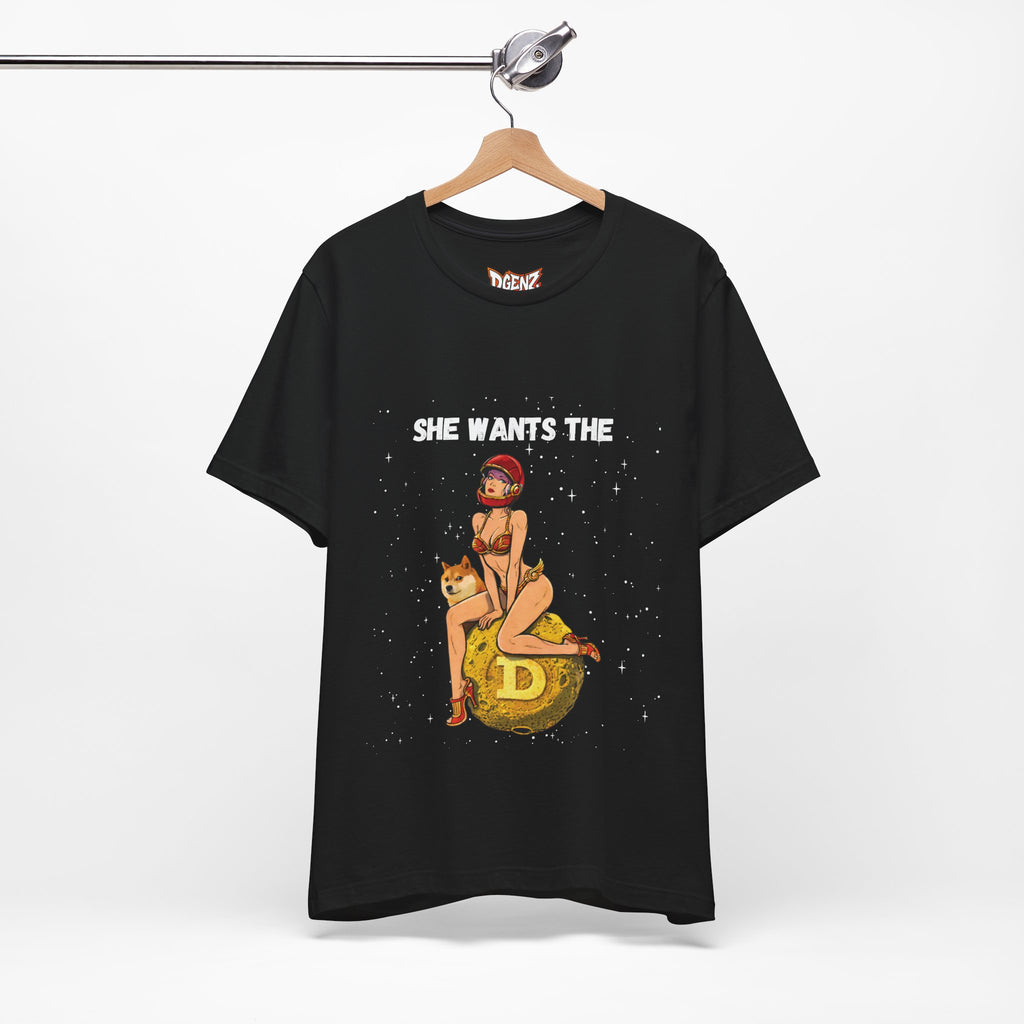 Black Dogecoin t-shirt with She Wants The D meme design