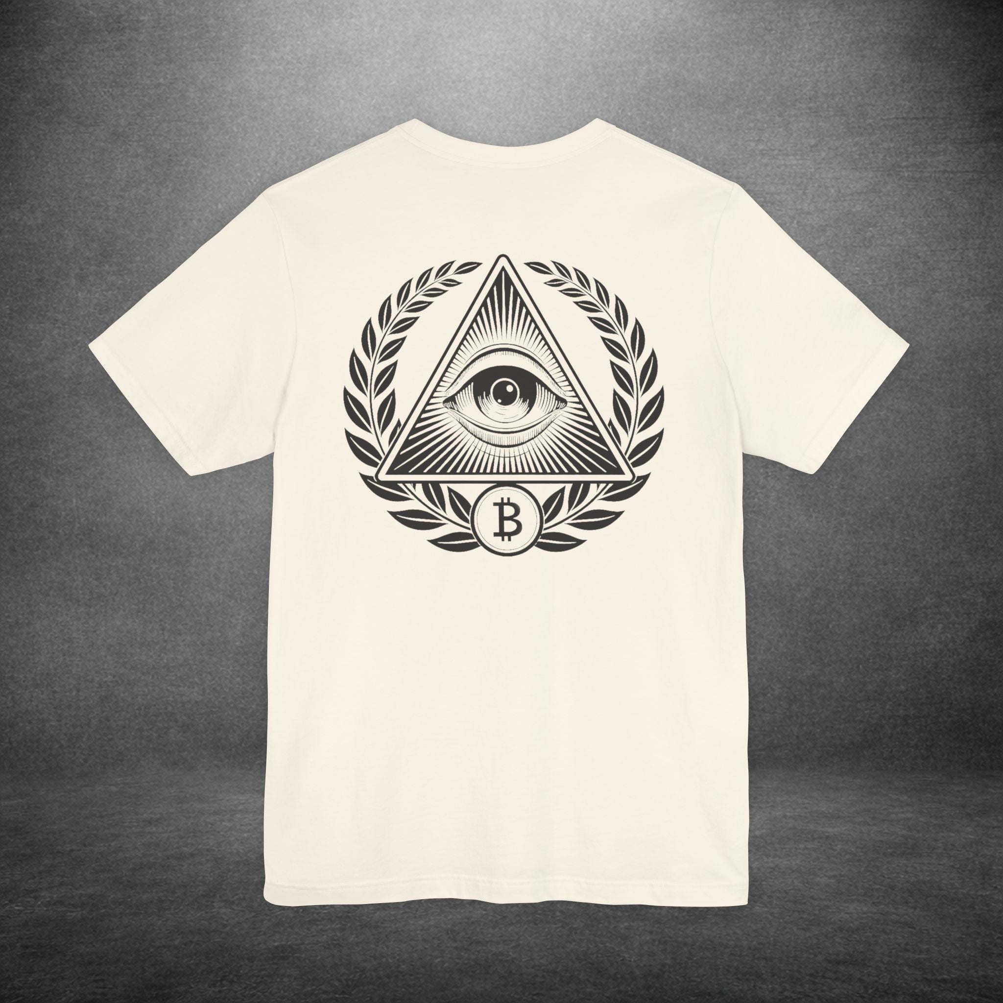Black and white Bitcoin t-shirt with symbolic eye artwork