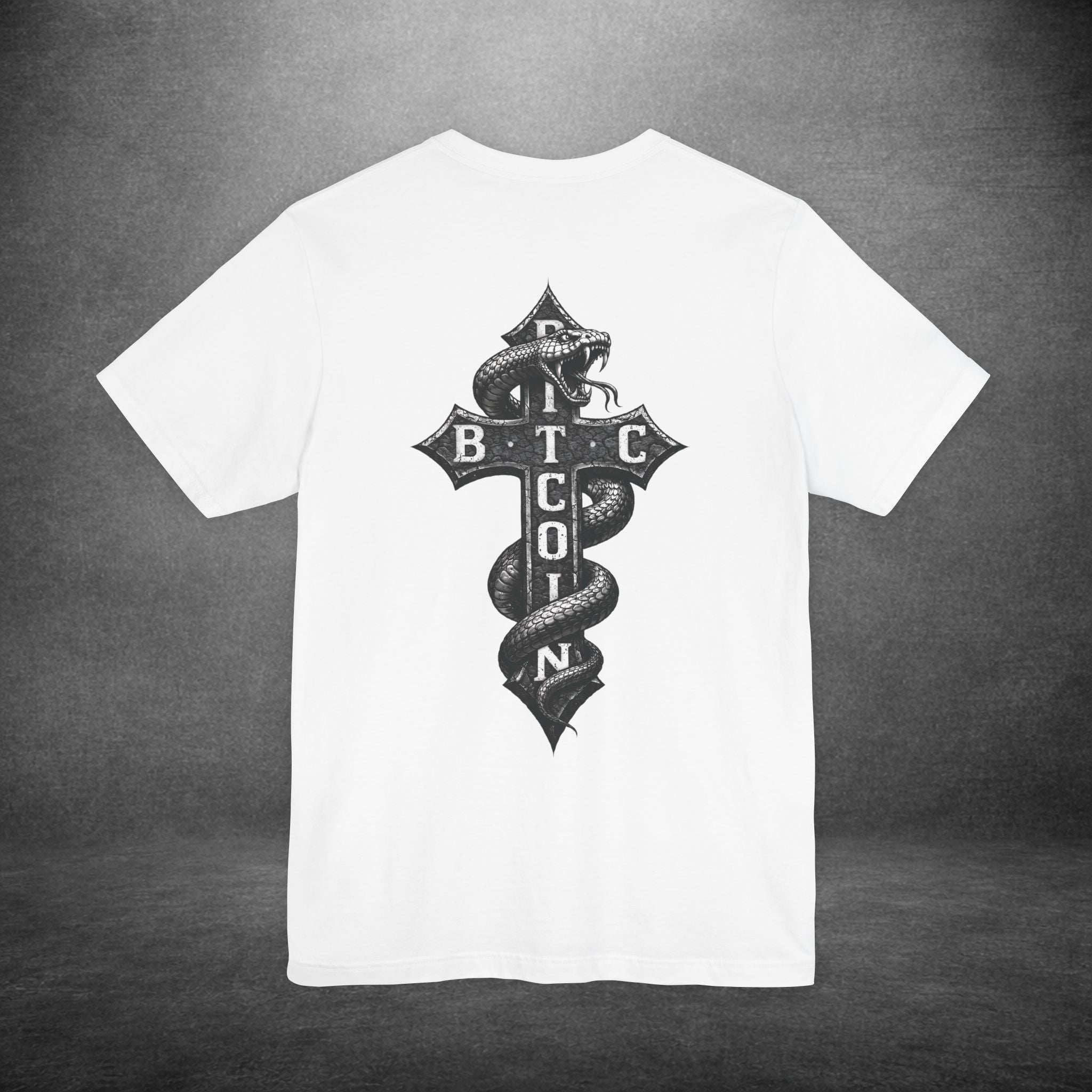Bitcoin maximalist t-shirt with snake and cross design