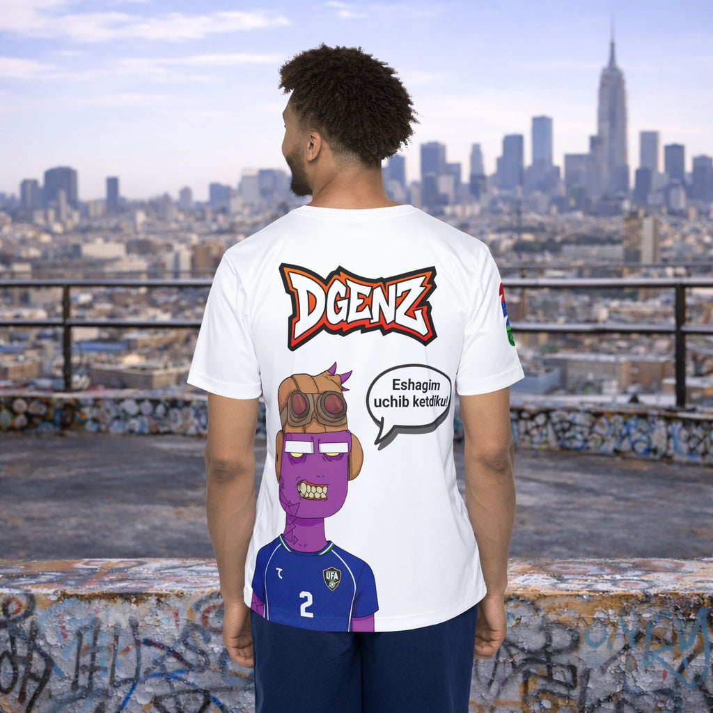 Back view of male model wearing FIFA x DGENZ Uzbekistan #2 custom football jersey with speech bubble design