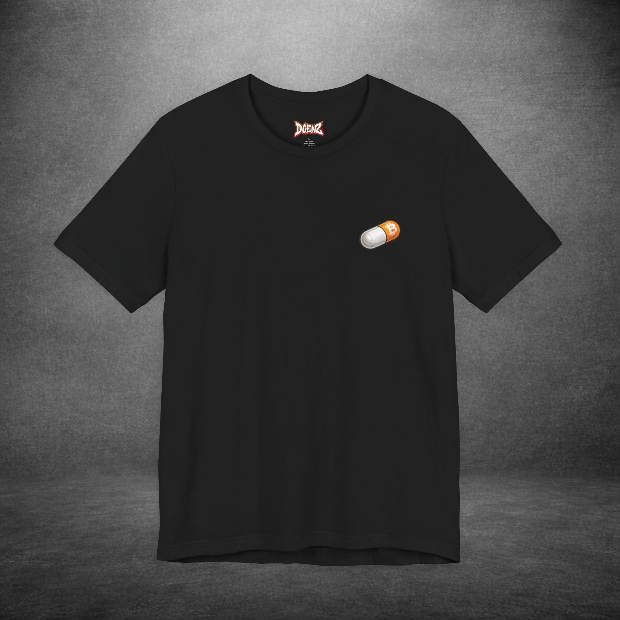 Black bitcoin t-shirt with orange pill chest print