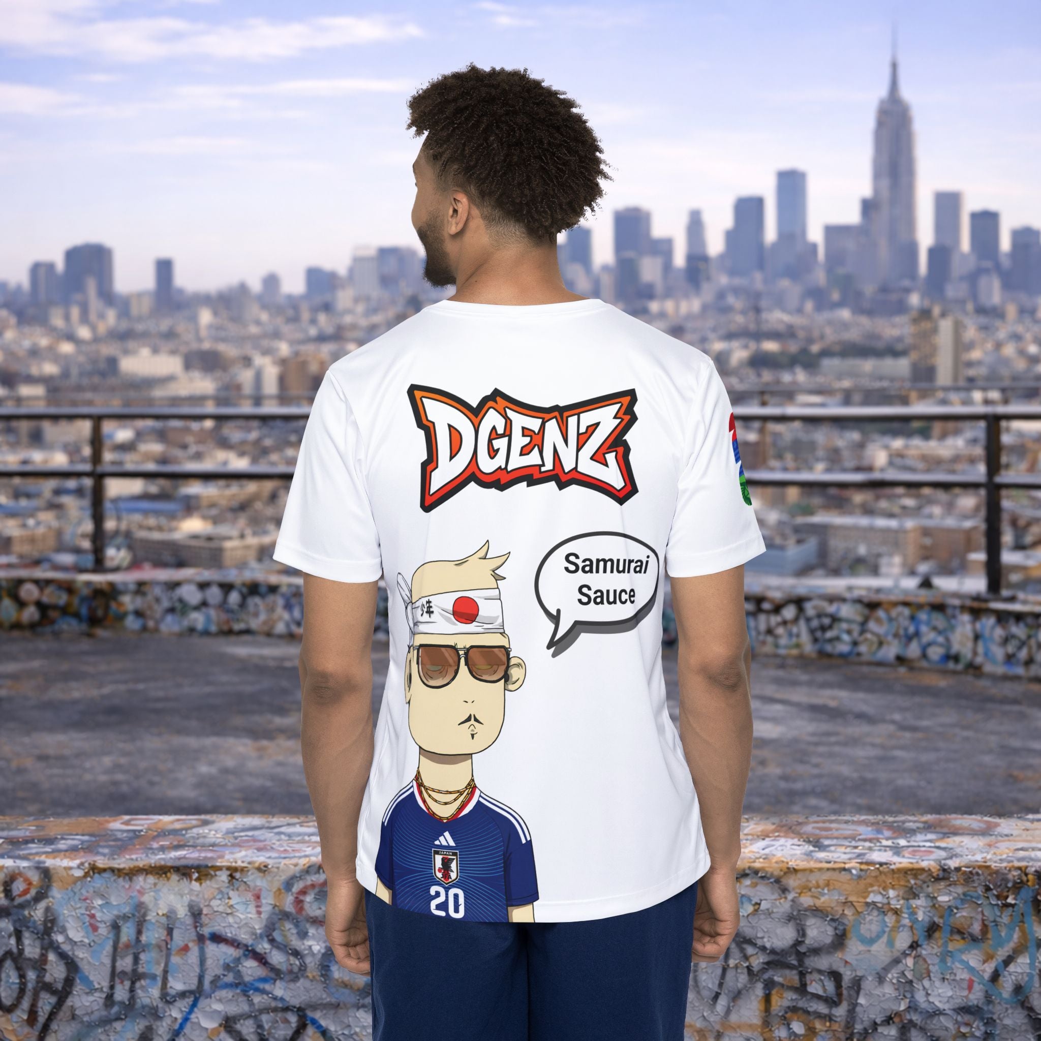 Back view of Japan #20 Takefusa Kubo football jersey with customizable speech bubble design