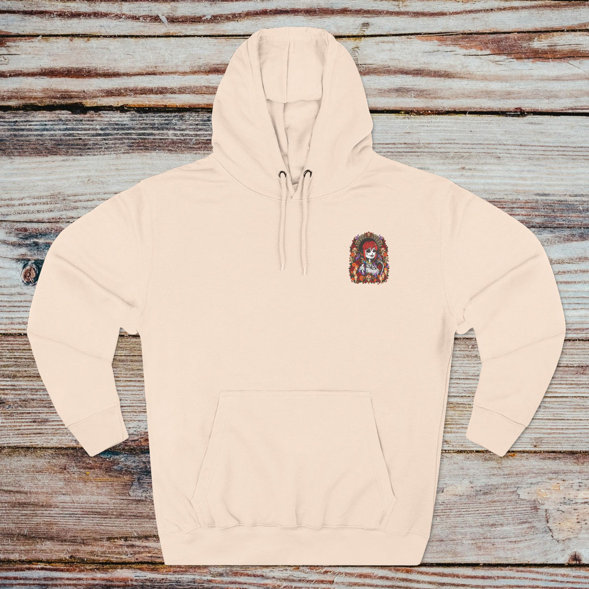 Pale Pink DGENZ Calavera Halloween Hoodie front with small chest graphic
