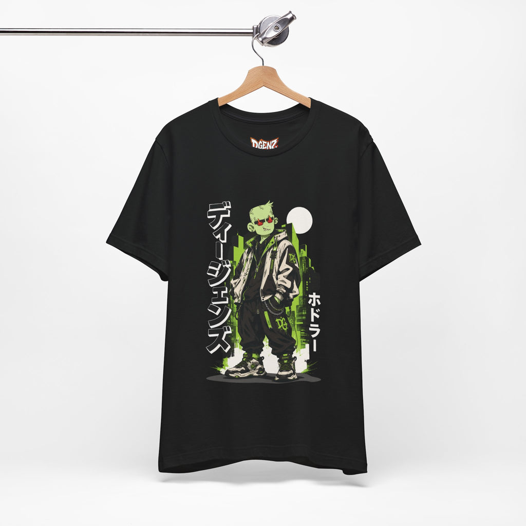 Black DGENZ Cyberpunk NFT T-Shirt hanging mockup with Japanese HODLER design