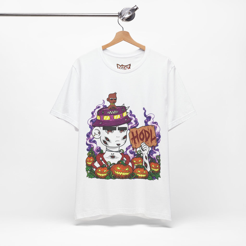 White Radiated Boyz Halloween NFT T-Shirt mockup with HODL pumpkin artwork