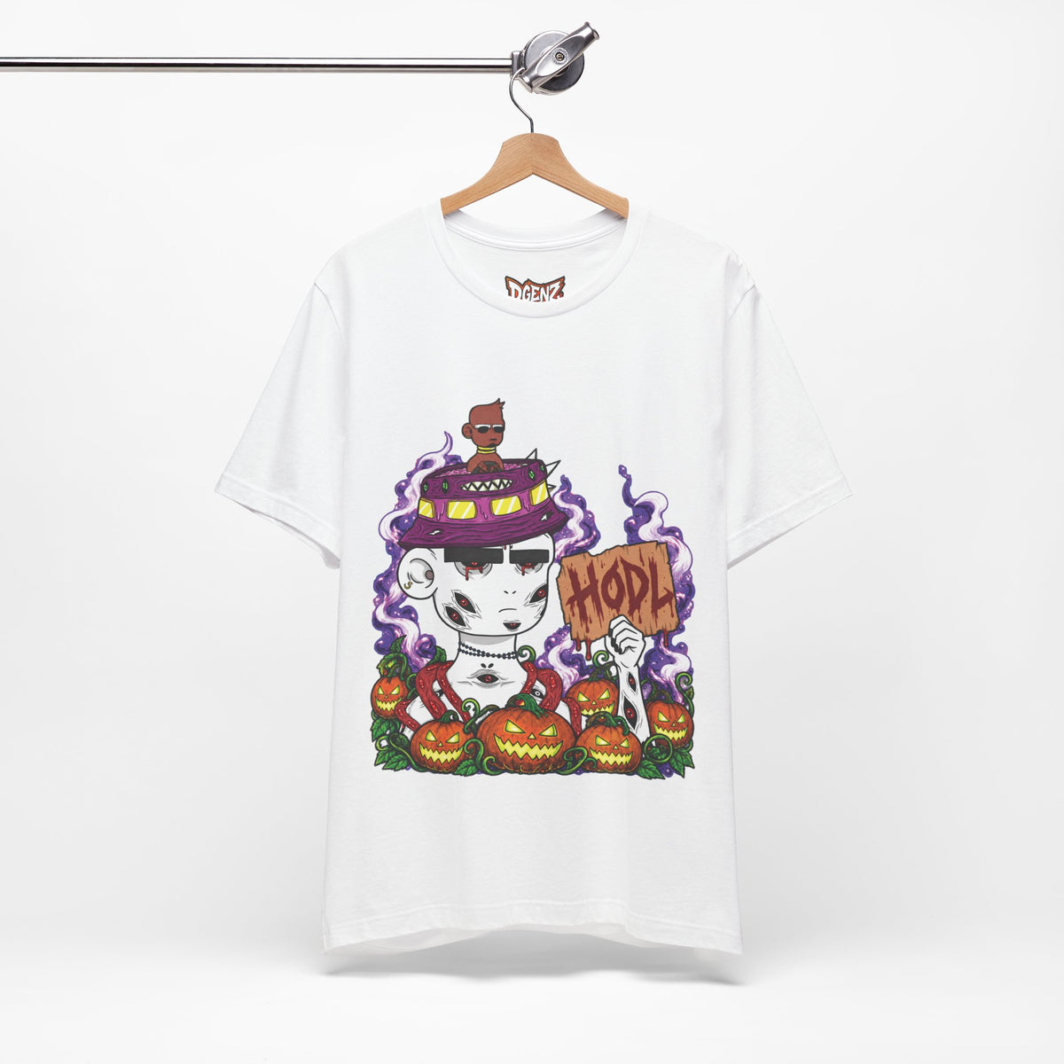 White Radiated Boyz Halloween NFT T-Shirt mockup with HODL pumpkin artwork