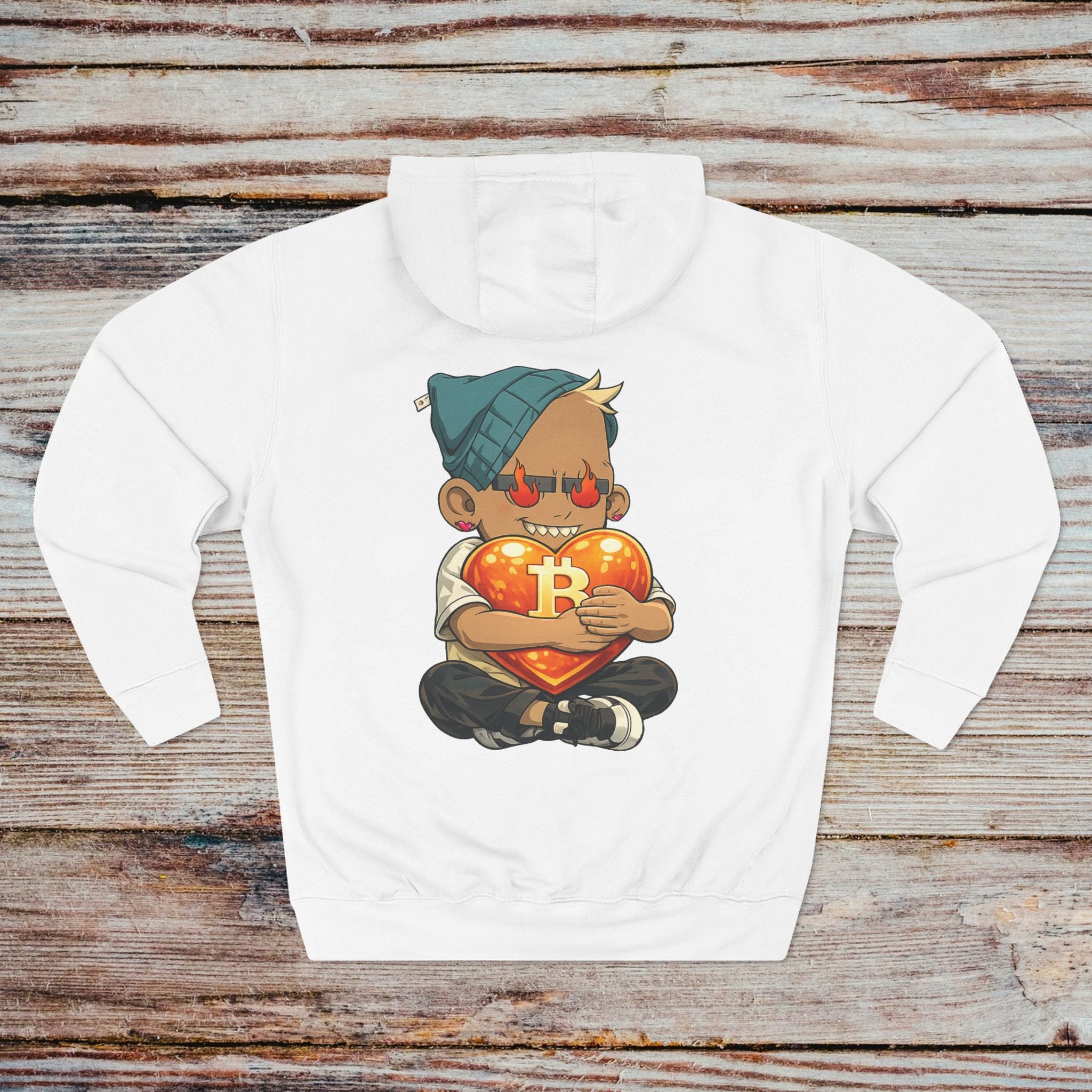 White hoodie with Degen Boy Bitcoin heart back print