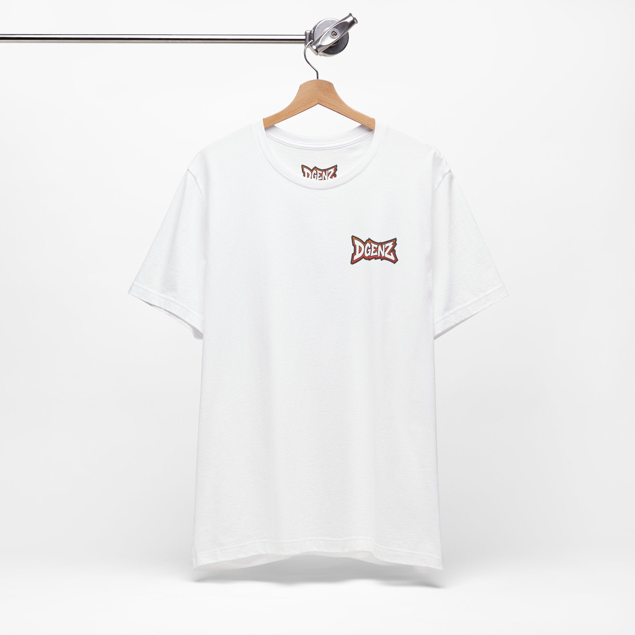 White Dgenz crypto t-shirt laid flat with clean minimal streetwear design