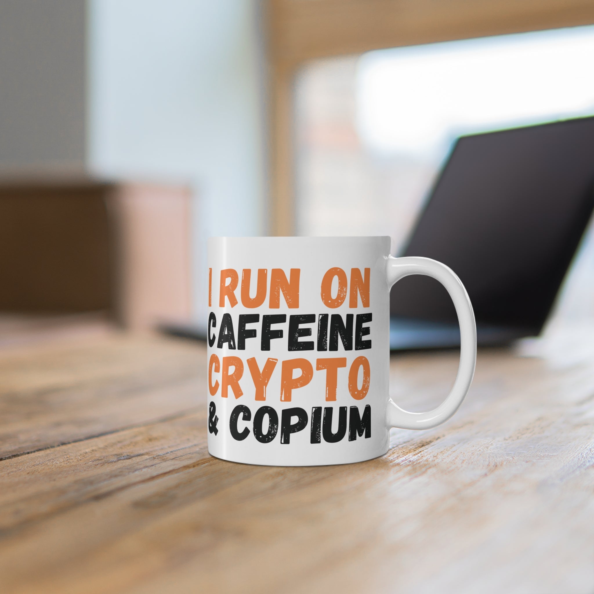 Caffeine Crypto & Copium Coffee Mug Mockup