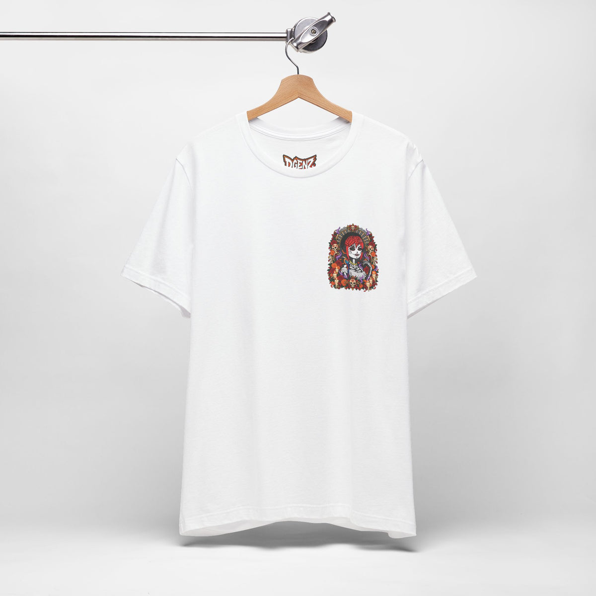 White DGENZ Sugar Skull Crypto T-Shirt hanging mockup with Día de los Muertos artwork