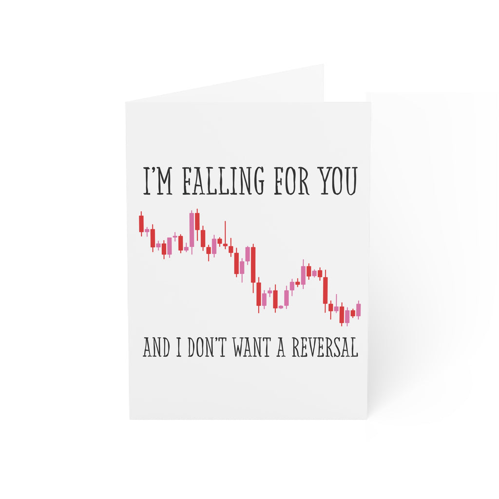 Trading chart Valentine’s Day card with text “I’m Falling For You” and downtrending candlestick chart