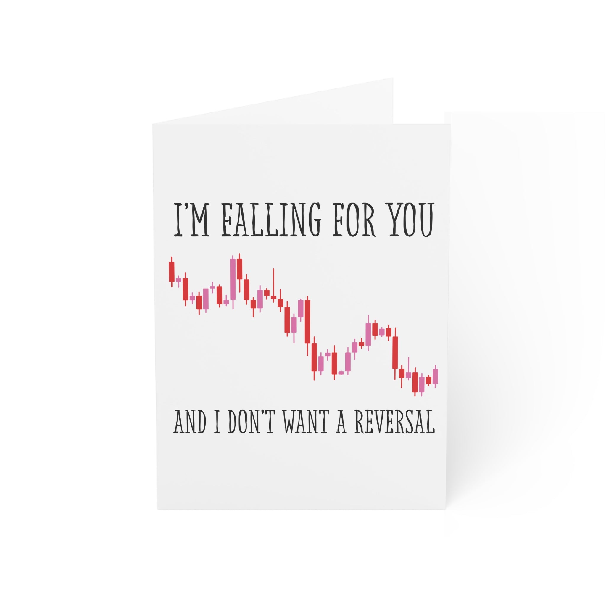 Trading chart Valentine’s Day card with text “I’m Falling For You” and downtrending candlestick chart