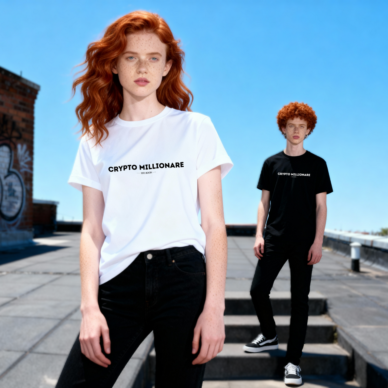 Crypto Millionaire meme t-shirt on models