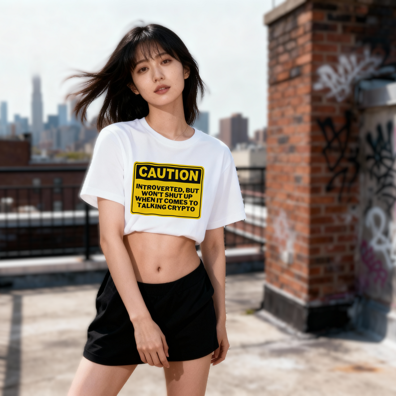 Introverted crypto t-shirt with caution design