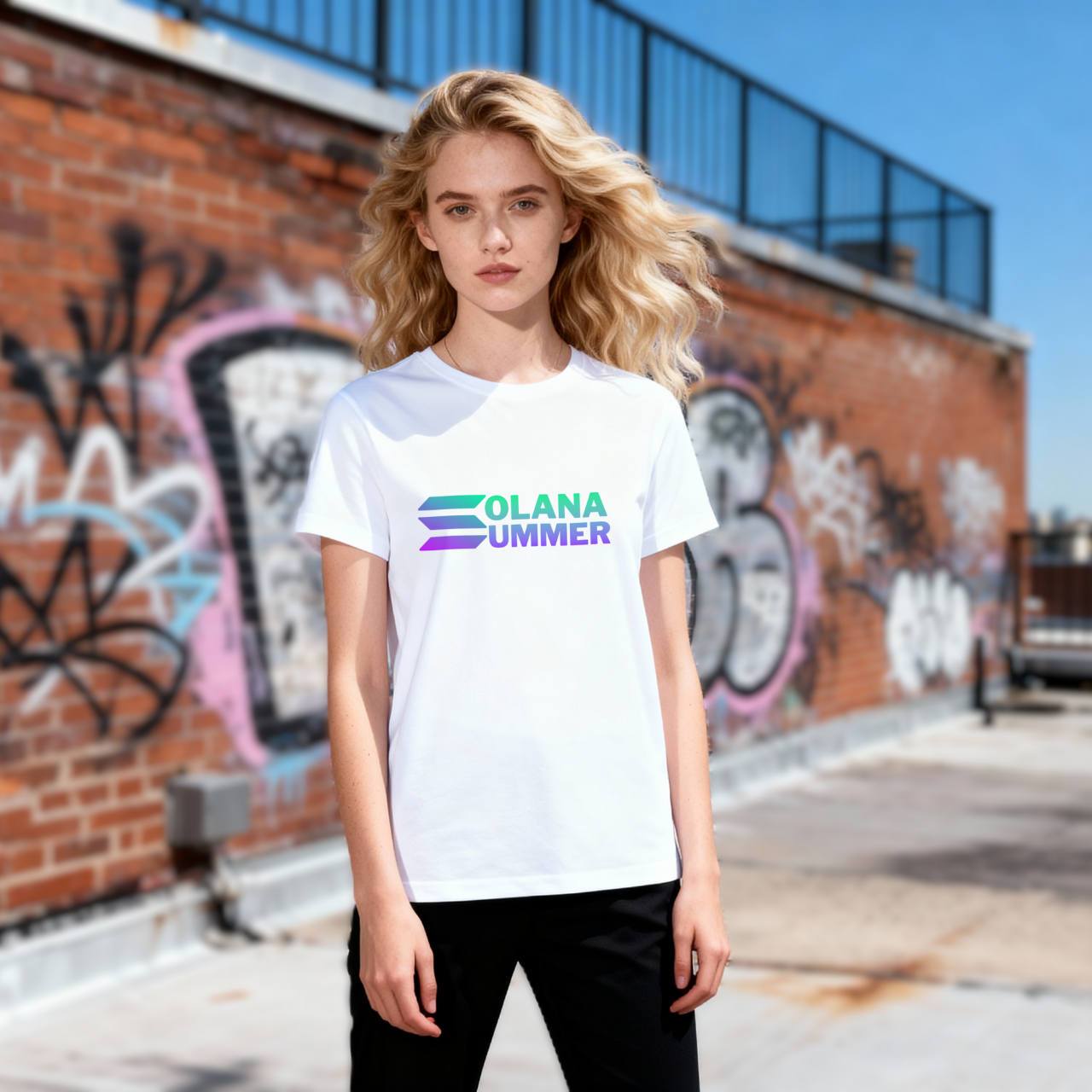 Solana Summer Crypto T-Shirt on model