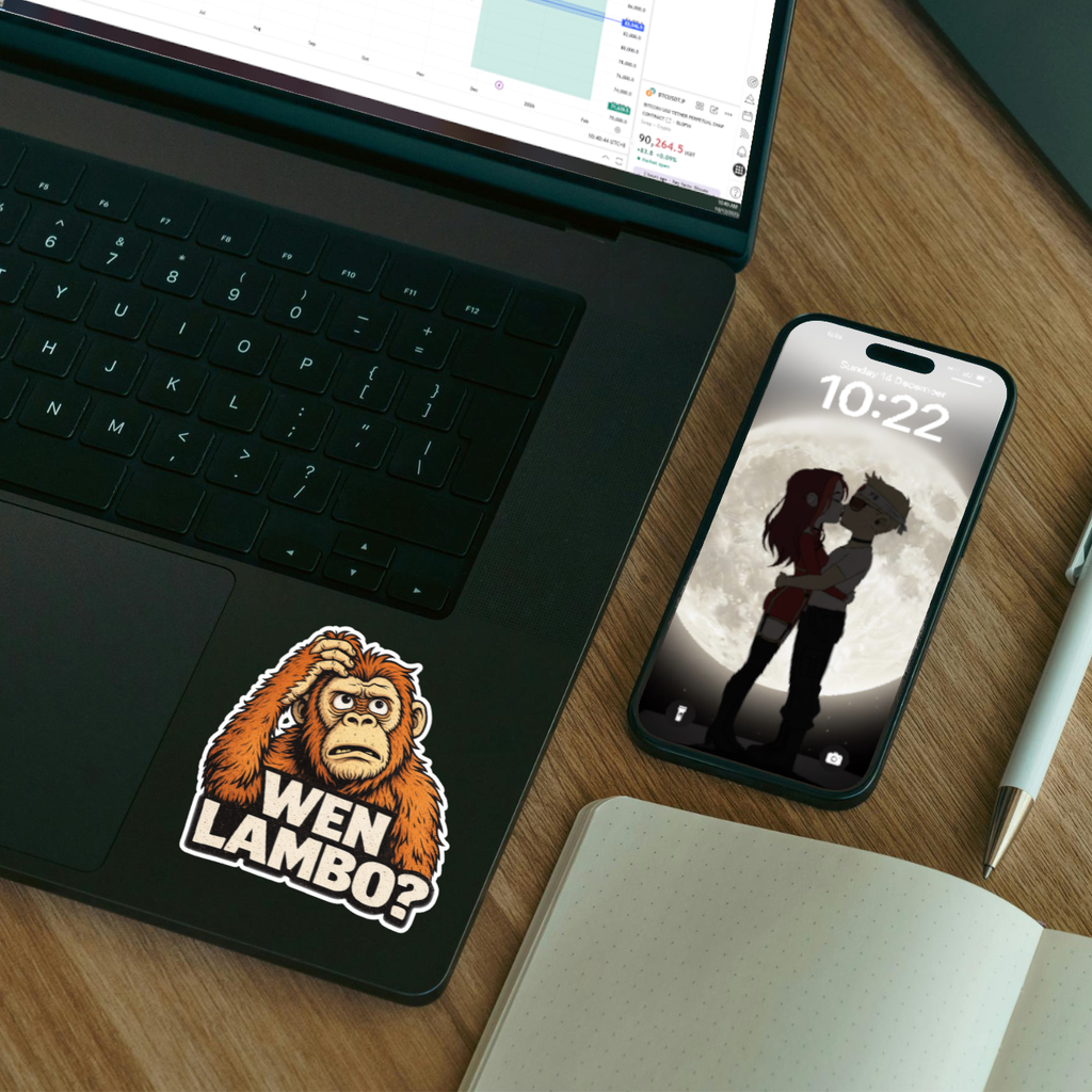 Wen Lambo meme coin sticker on laptop