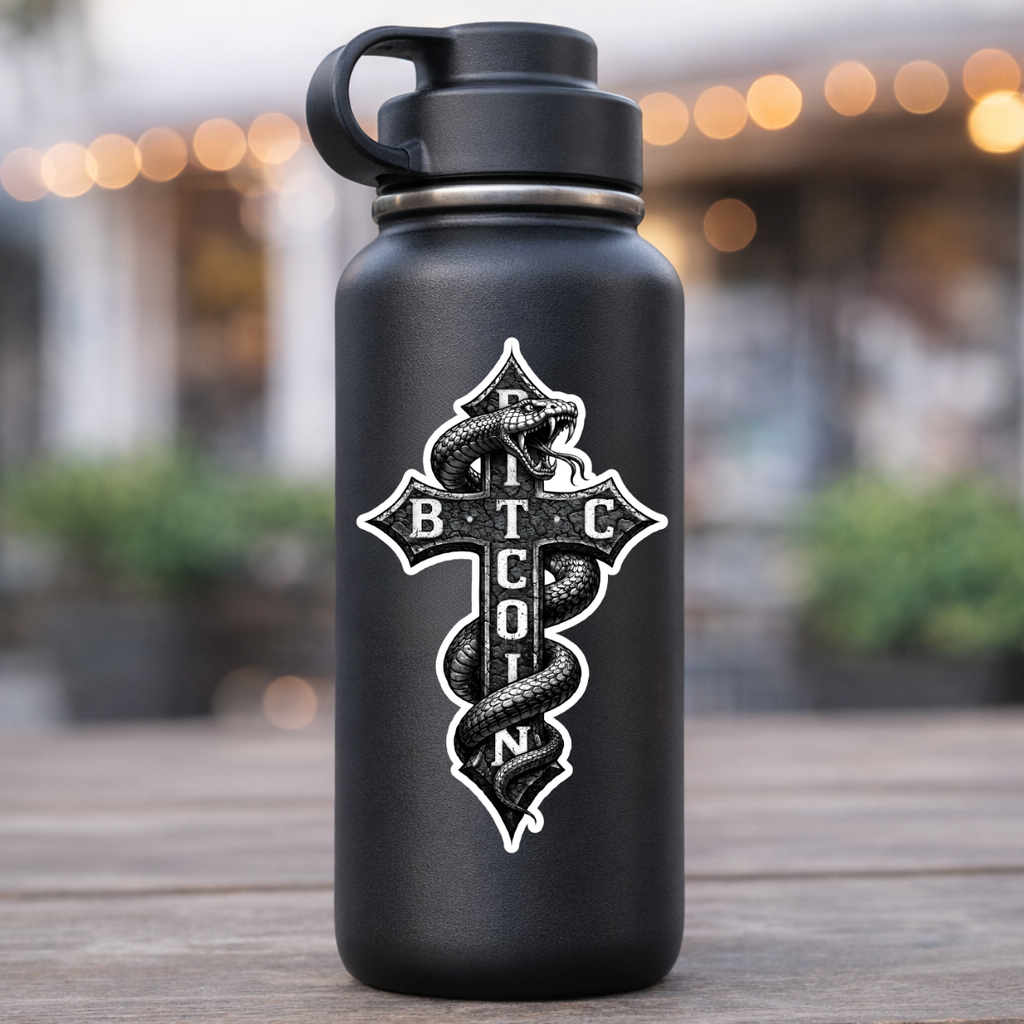 Bitcoin Serpent crypto sticker on water bottle