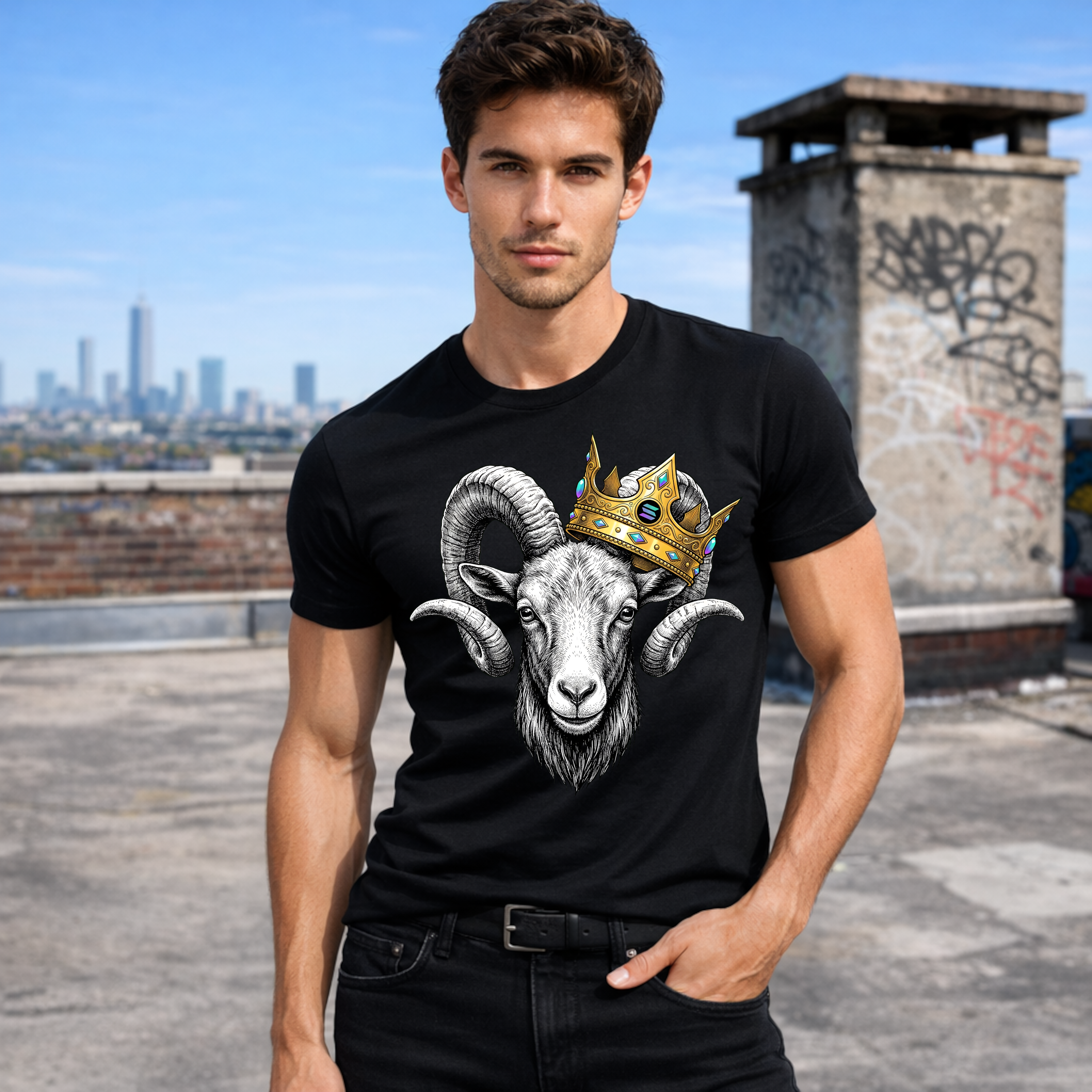 Black Solana GOAT t-shirt with crown and minimalist crypto artwork