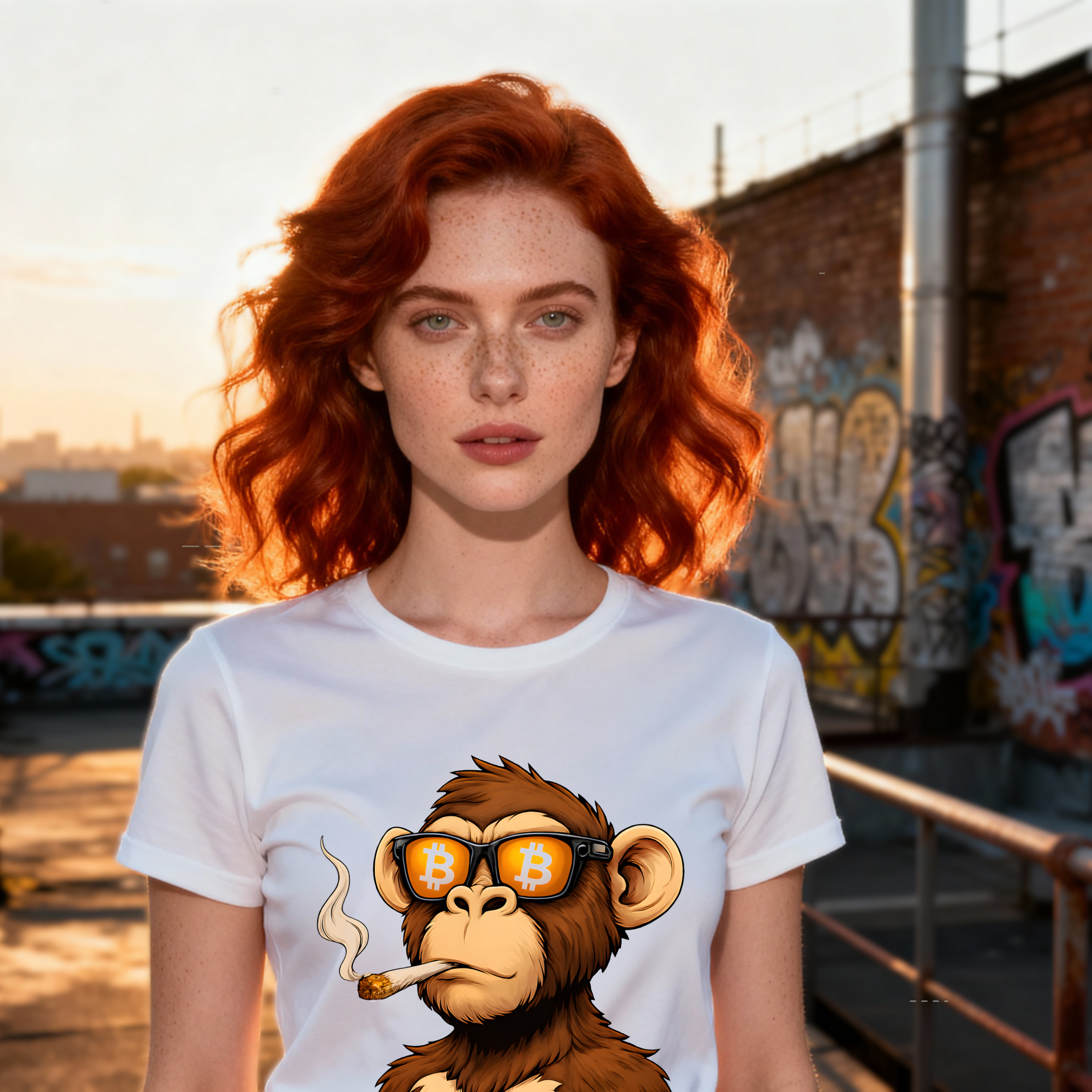 BTC crypto t-shirt featuring ape illustration and streetwear style