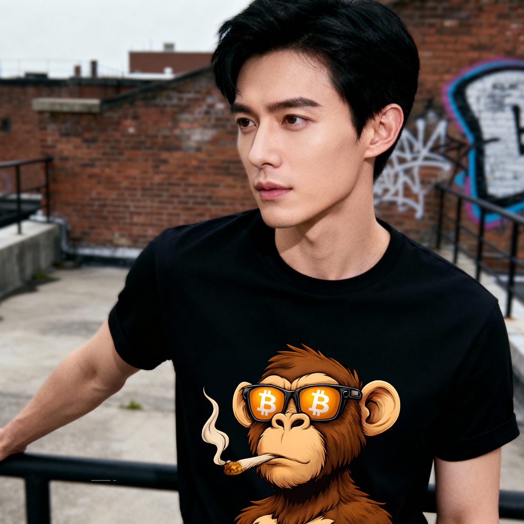 Black Bitcoin Ape t-shirt with bold BTC-inspired graphic
