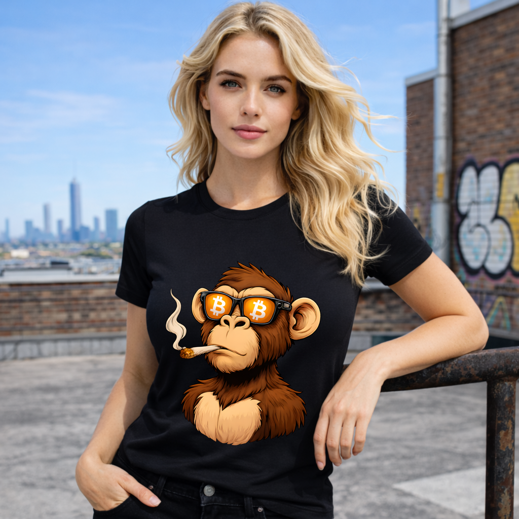 Bitcoin Ape t-shirt with cartoon ape wearing sunglasses and joint