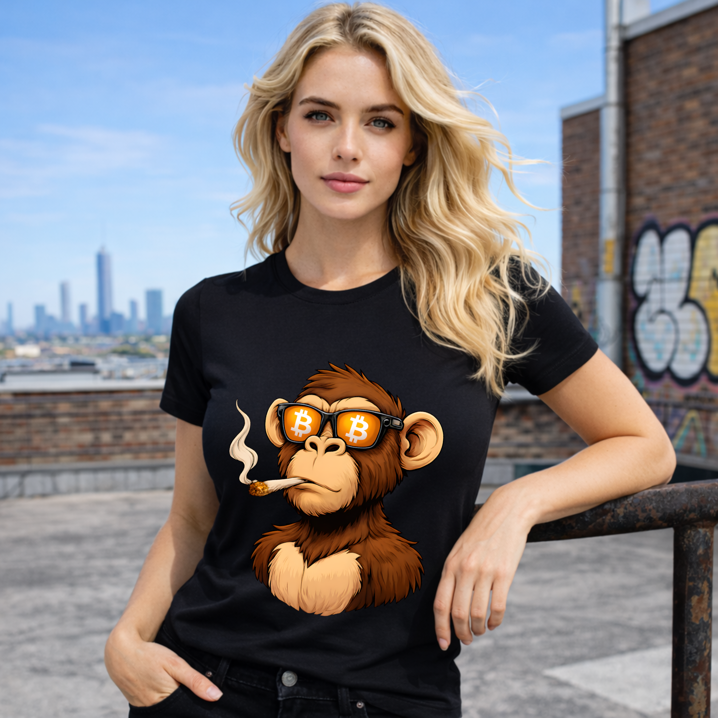 Bitcoin Ape t-shirt with cartoon ape wearing sunglasses and joint