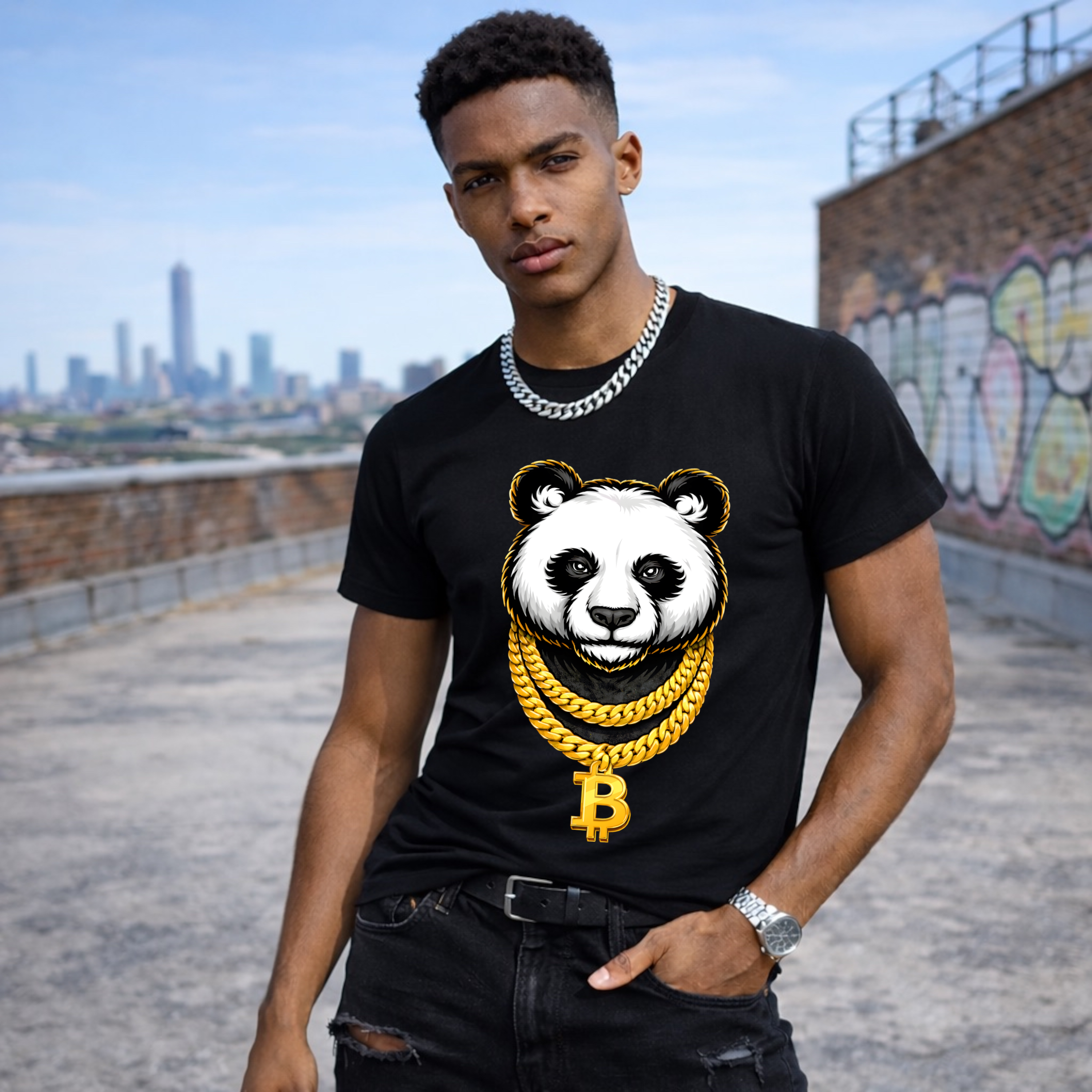 Black Bitcoin Panda t-shirt with bold panda crypto graphic