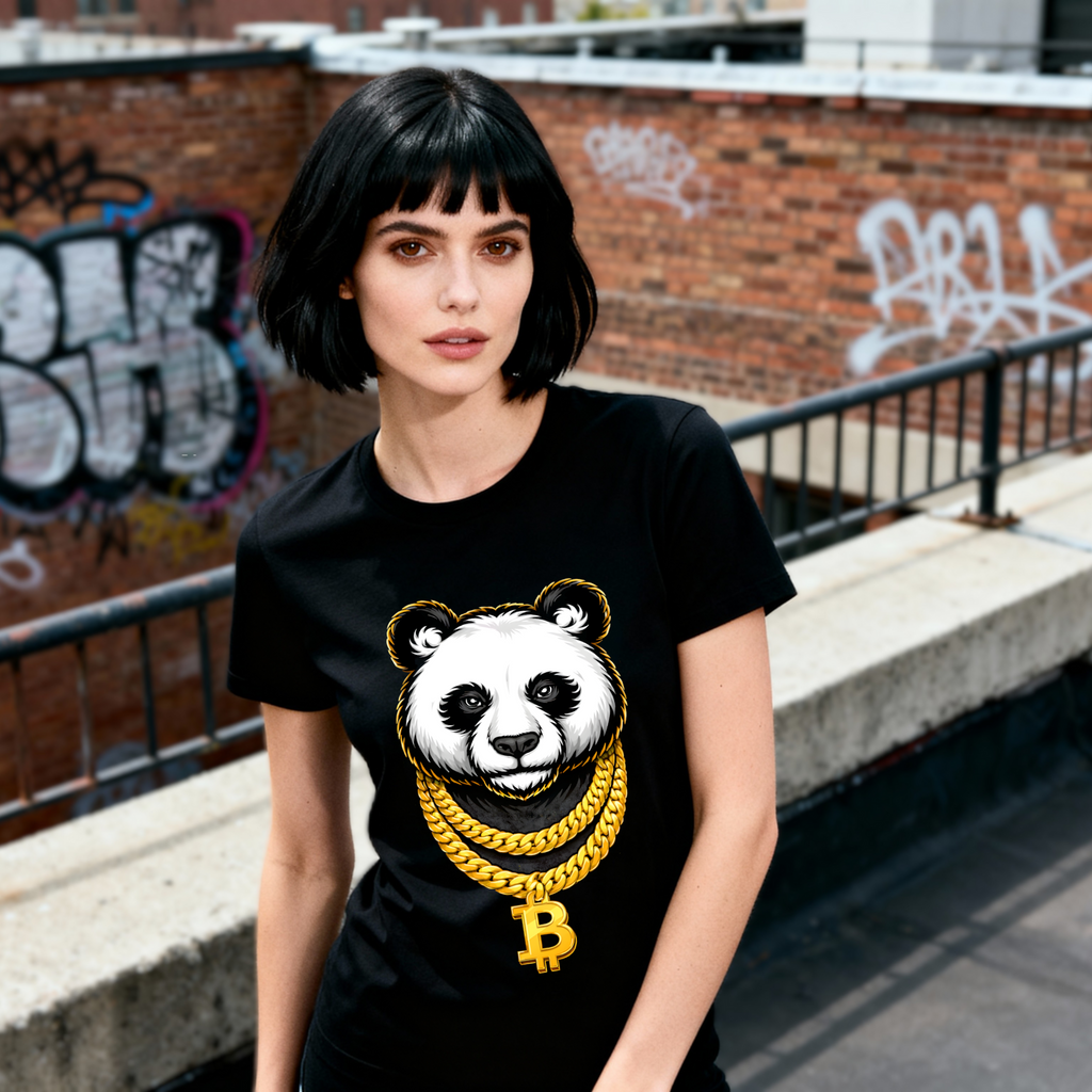 Bitcoin Panda t-shirt with panda wearing gold Bitcoin chain