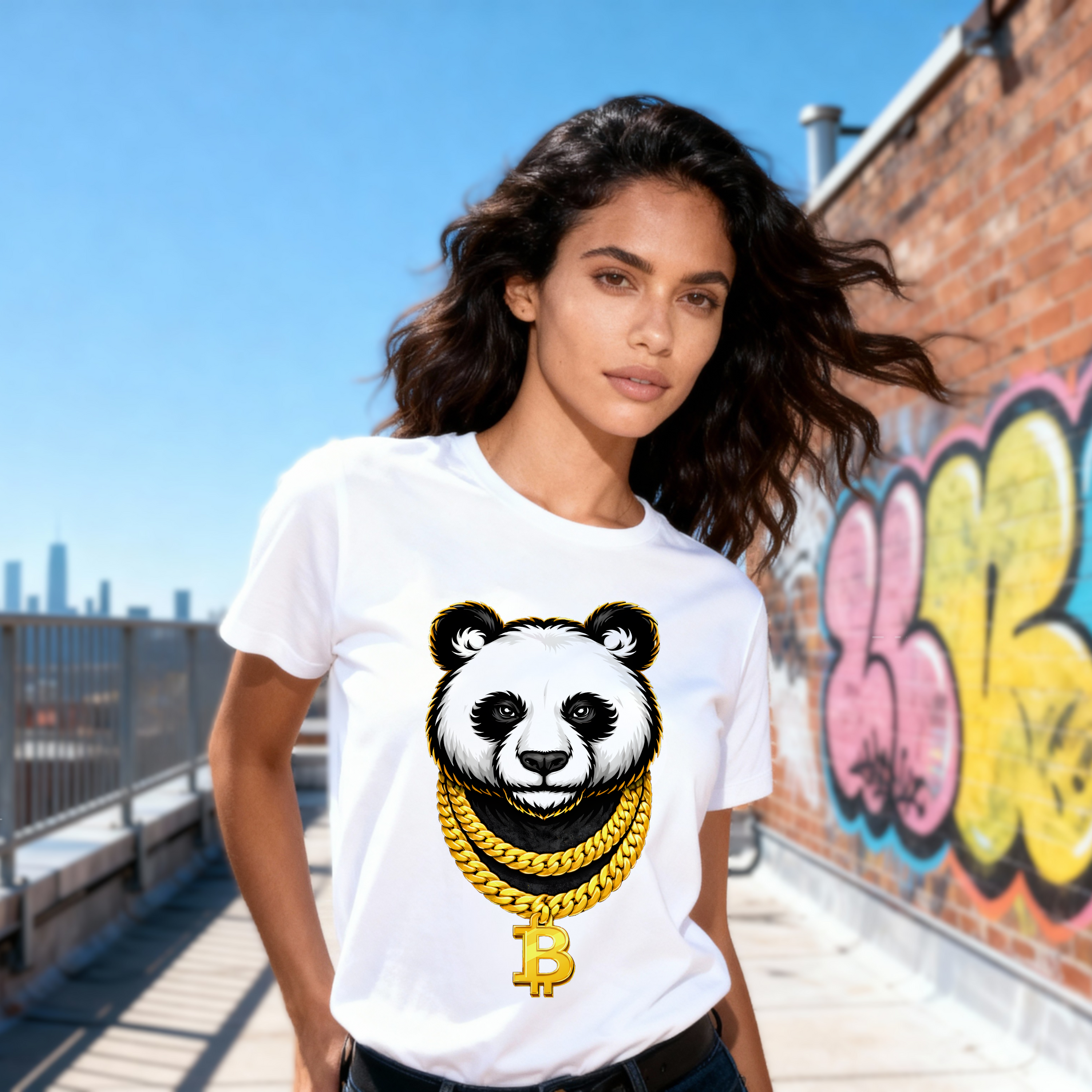 BTC crypto t-shirt featuring panda illustration and gold chain
