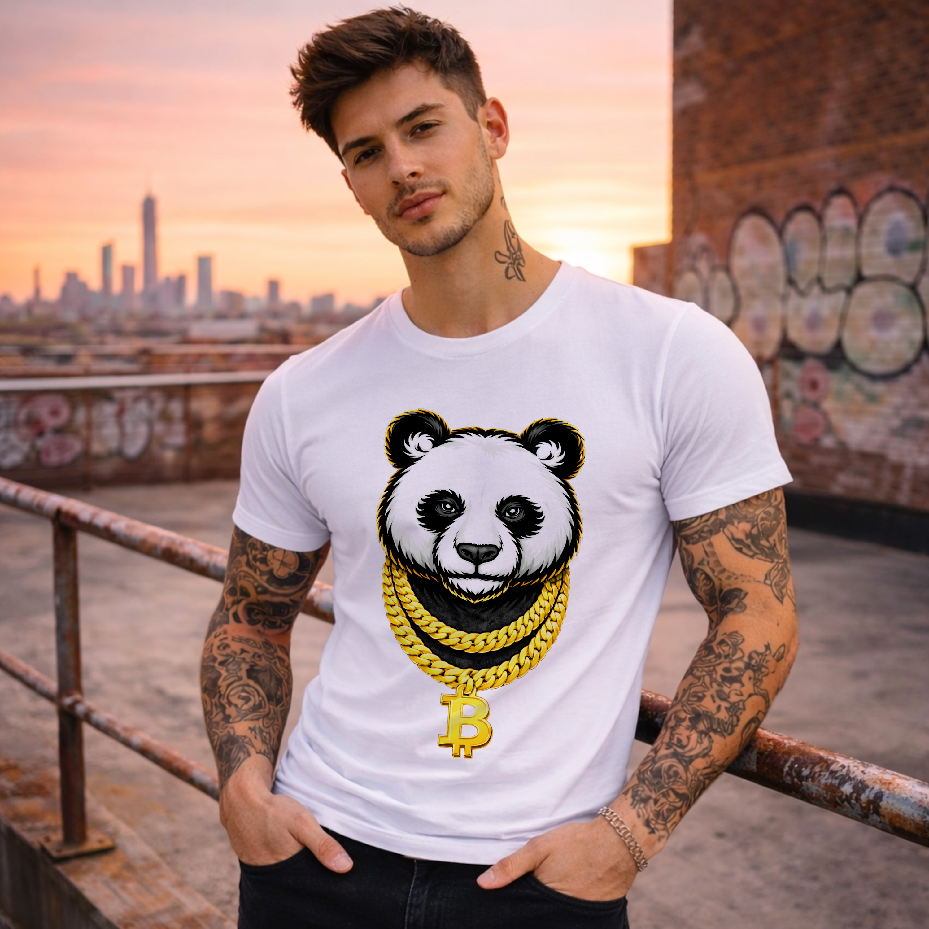 Lifestyle photo of model wearing Bitcoin Panda crypto t-shirt