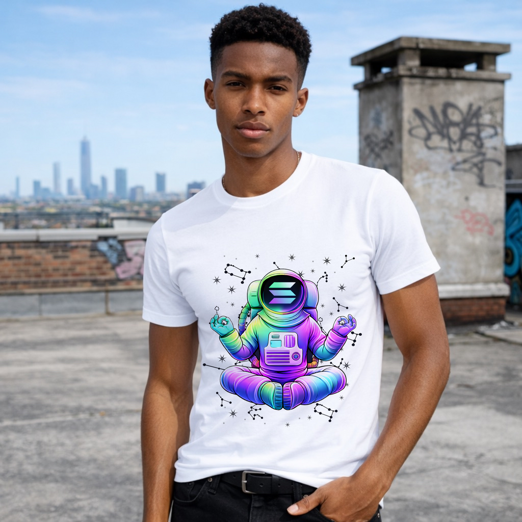 White Solana Astronaut t-shirt worn by male model, front view