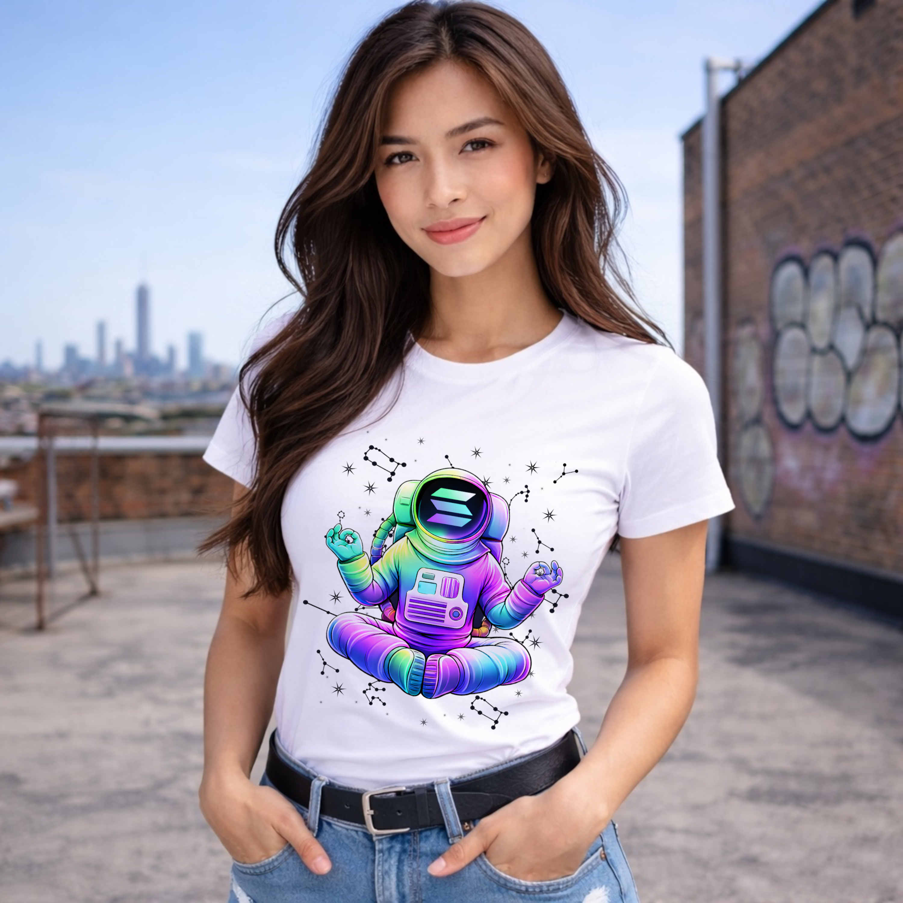White Solana Astronaut t-shirt worn by female model, front view