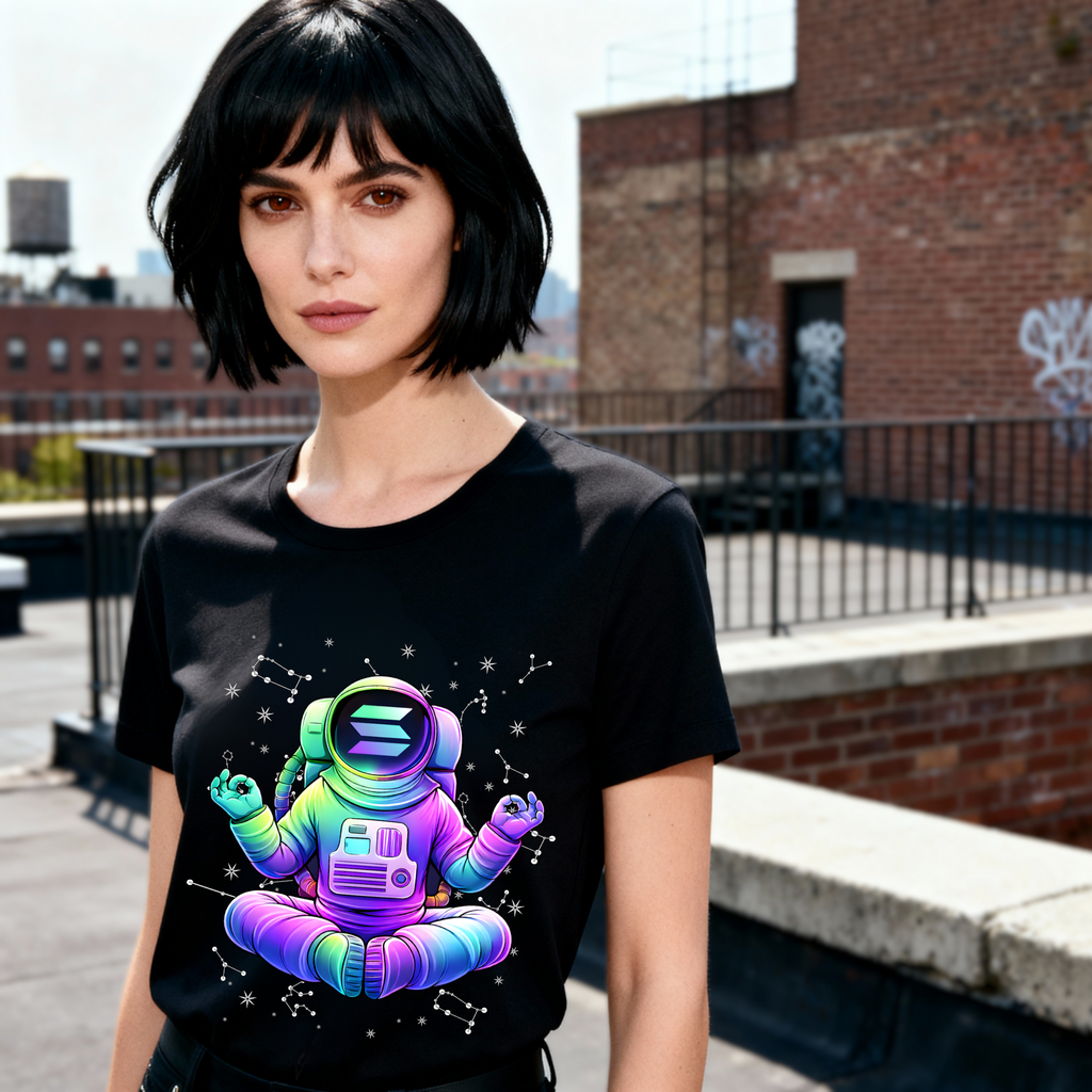 Black Solana Astronaut crypto t-shirt worn by female model, streetwear style