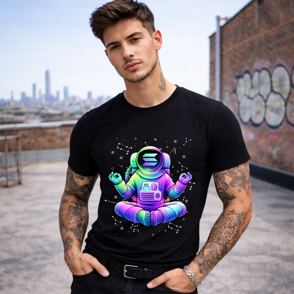 Black Solana Astronaut t-shirt worn by male model, crypto streetwear design