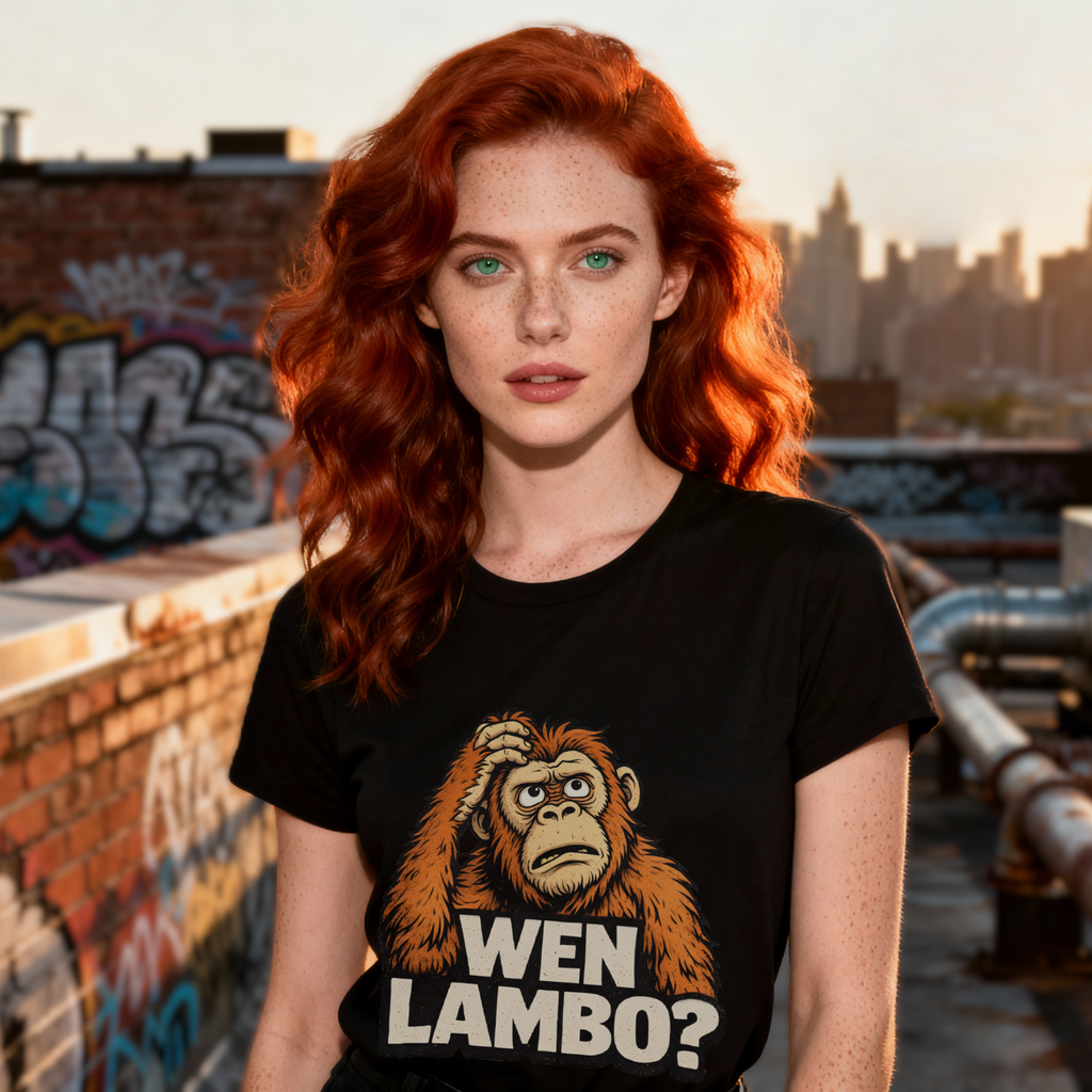 Crypto meme t-shirt featuring ape asking WEN LAMBO