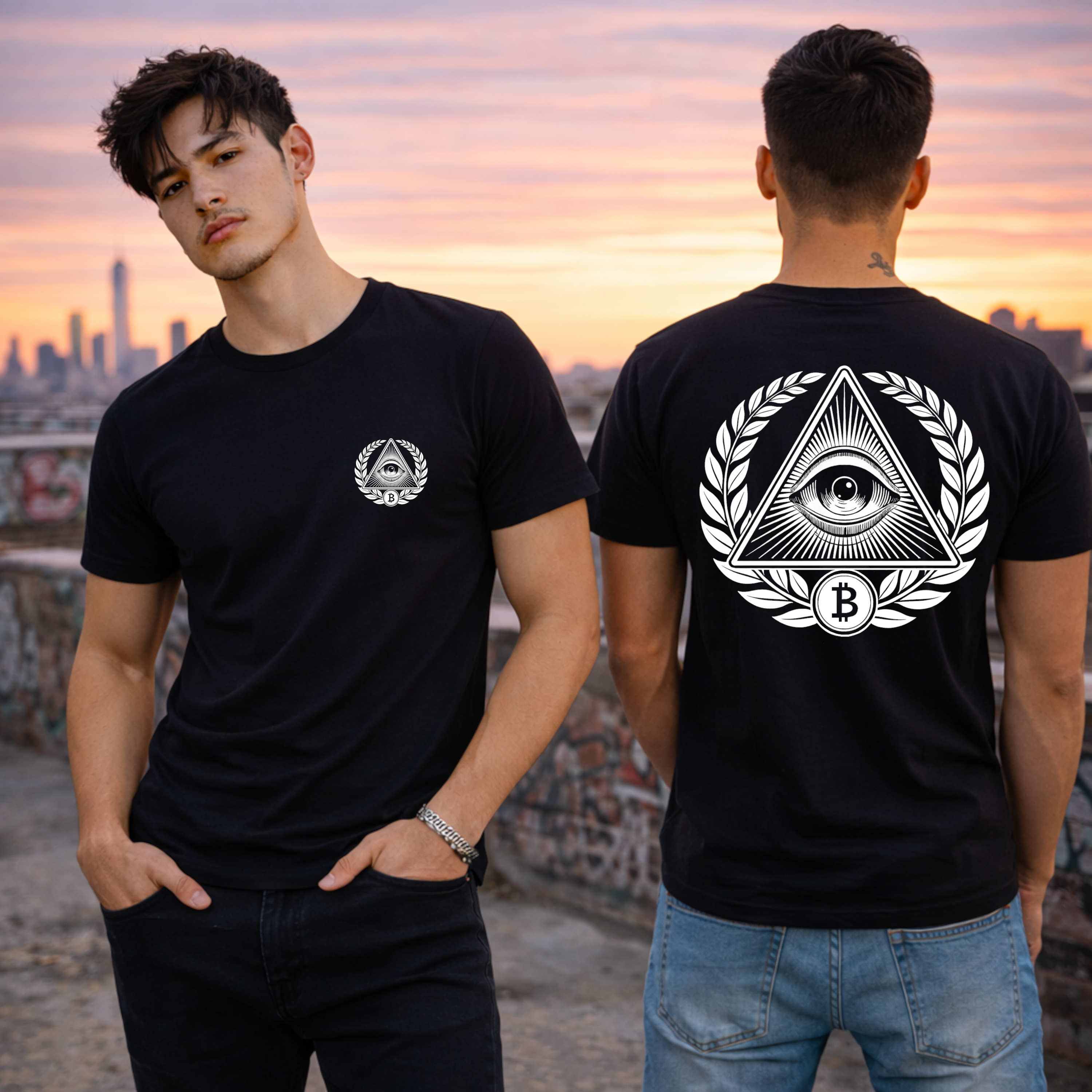 Illuminati Bitcoin t-shirt with all-seeing eye and BTC symbol