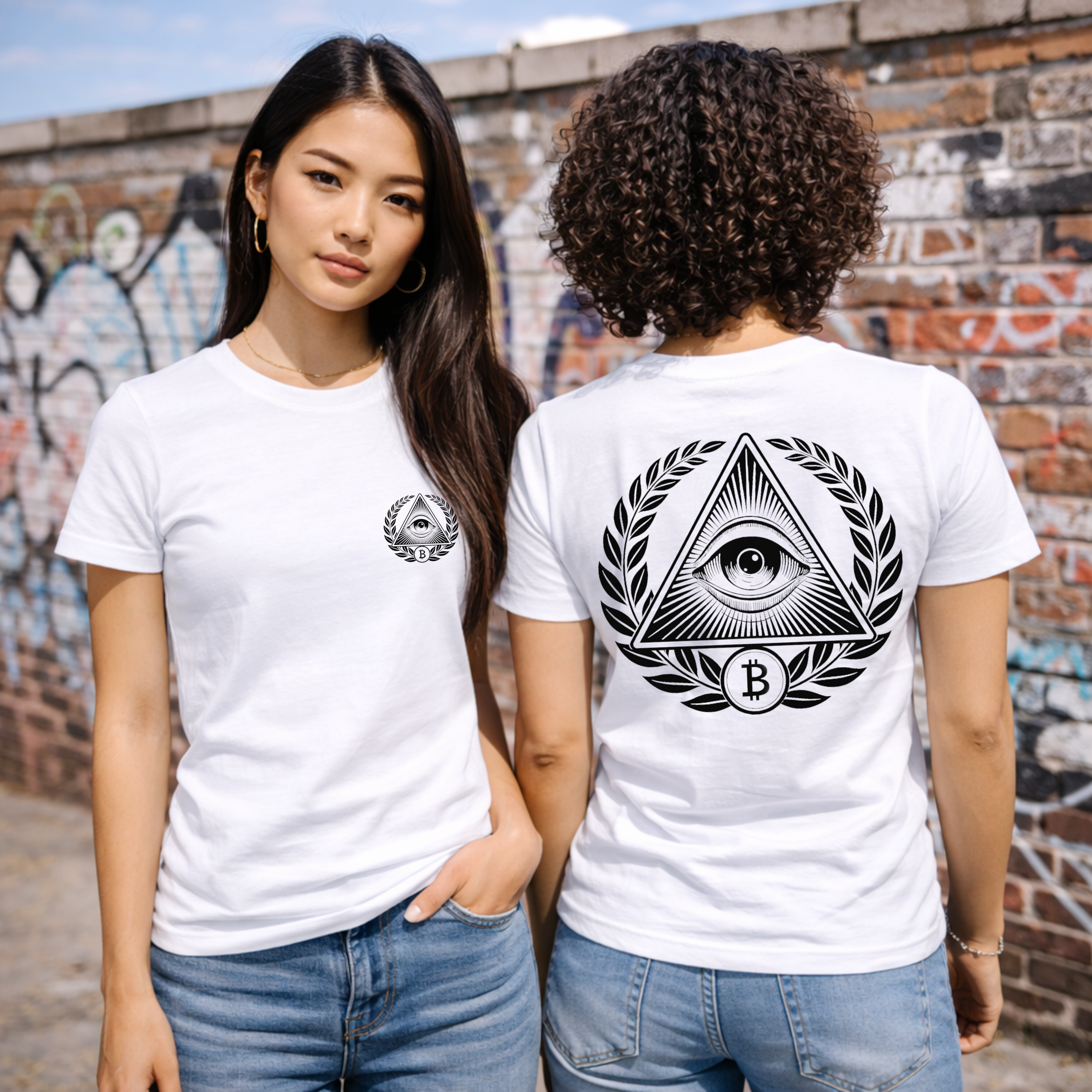 Front and back view of Illuminati Bitcoin crypto t-shirt