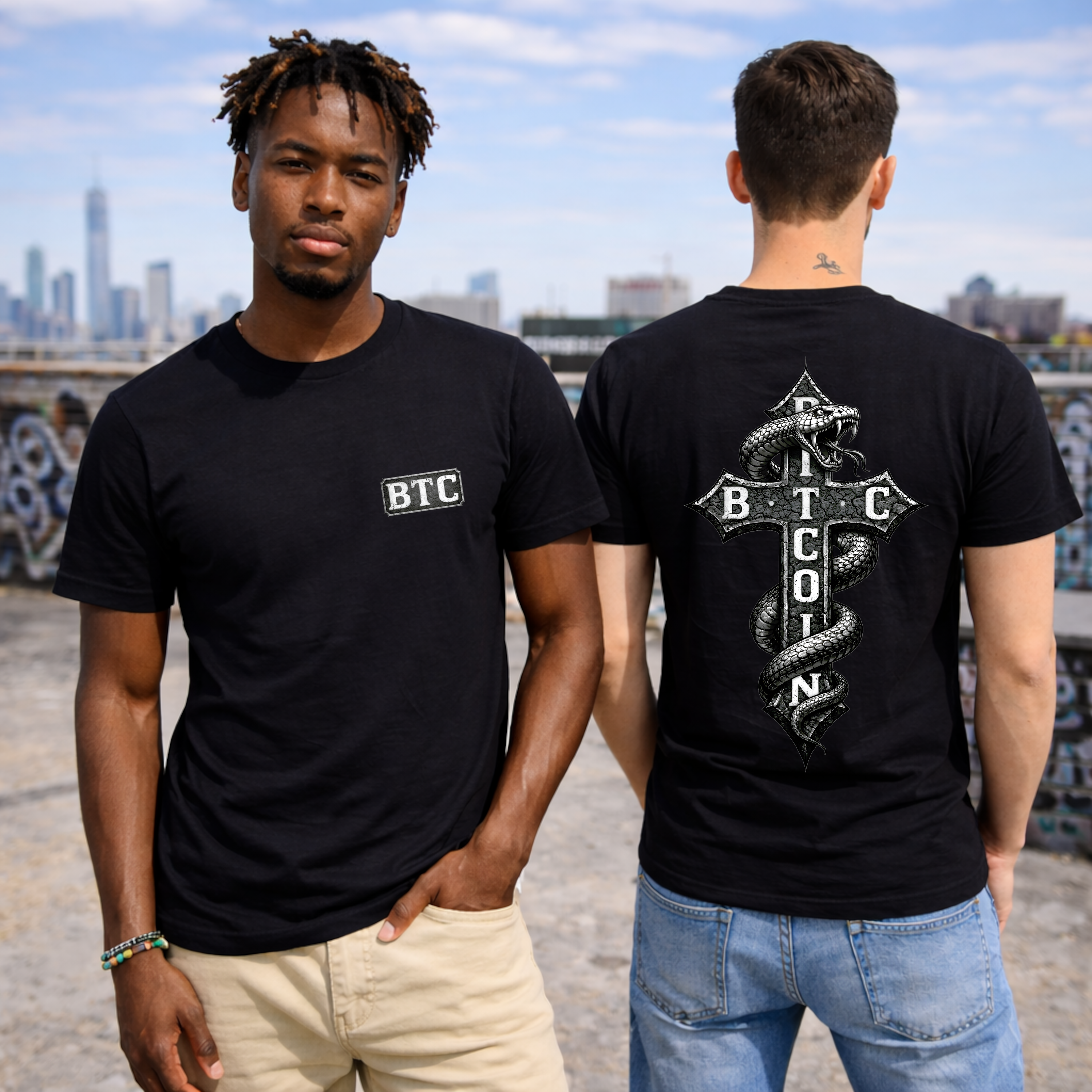 Black Bitcoin serpent cross shirt worn by male model