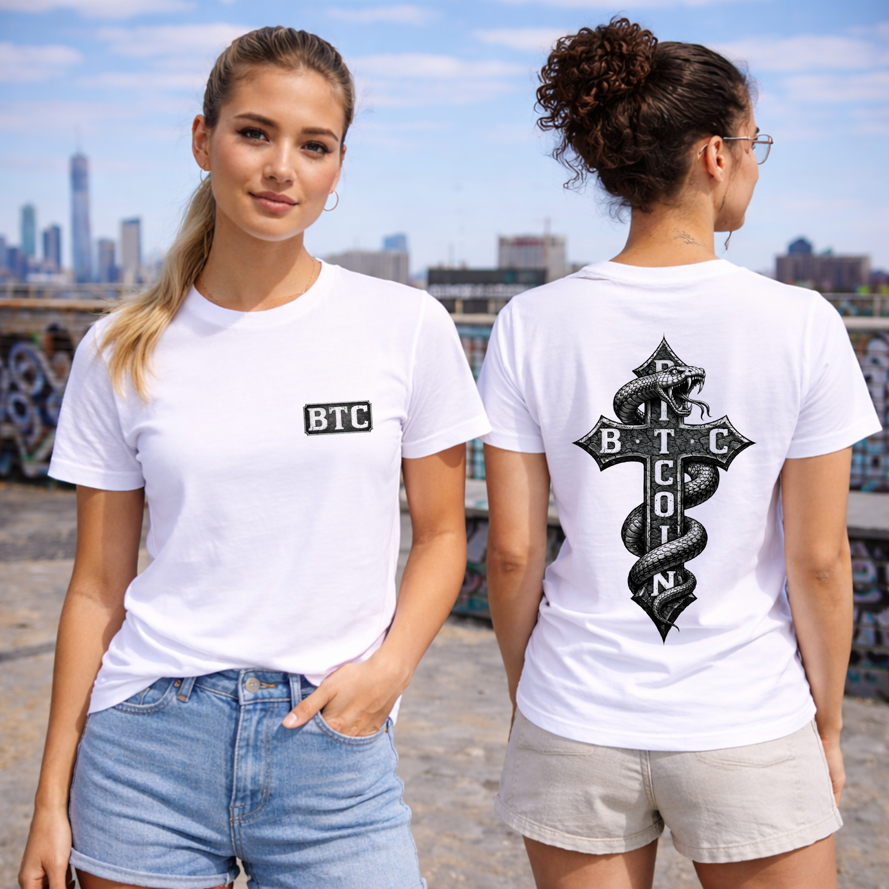 Bitcoin Serpent Cross t-shirt with coiled snake and BTC letters