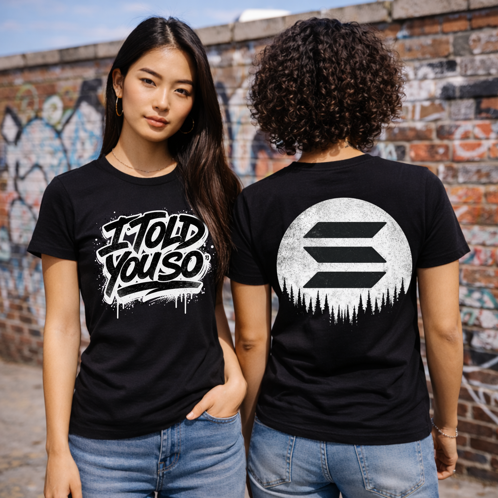 Two models wearing Solana I Told You So t-shirts, front and back comparison