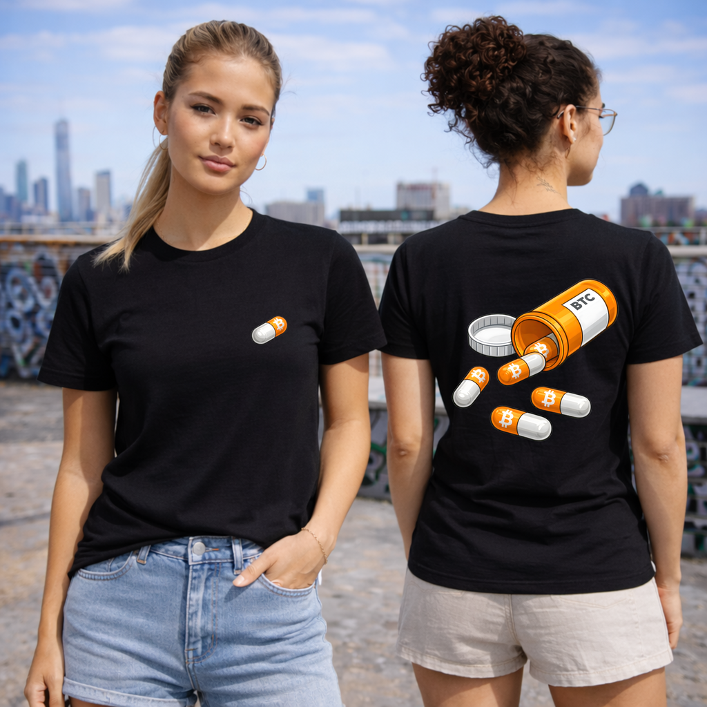 Lifestyle photo of Take the Orange Pill bitcoin shirt