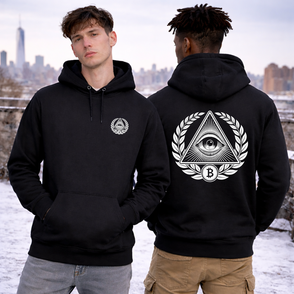 Lifestyle mockup of two models wearing the In Bitcoin We Trust hoodie on a city rooftop, front and back view visible