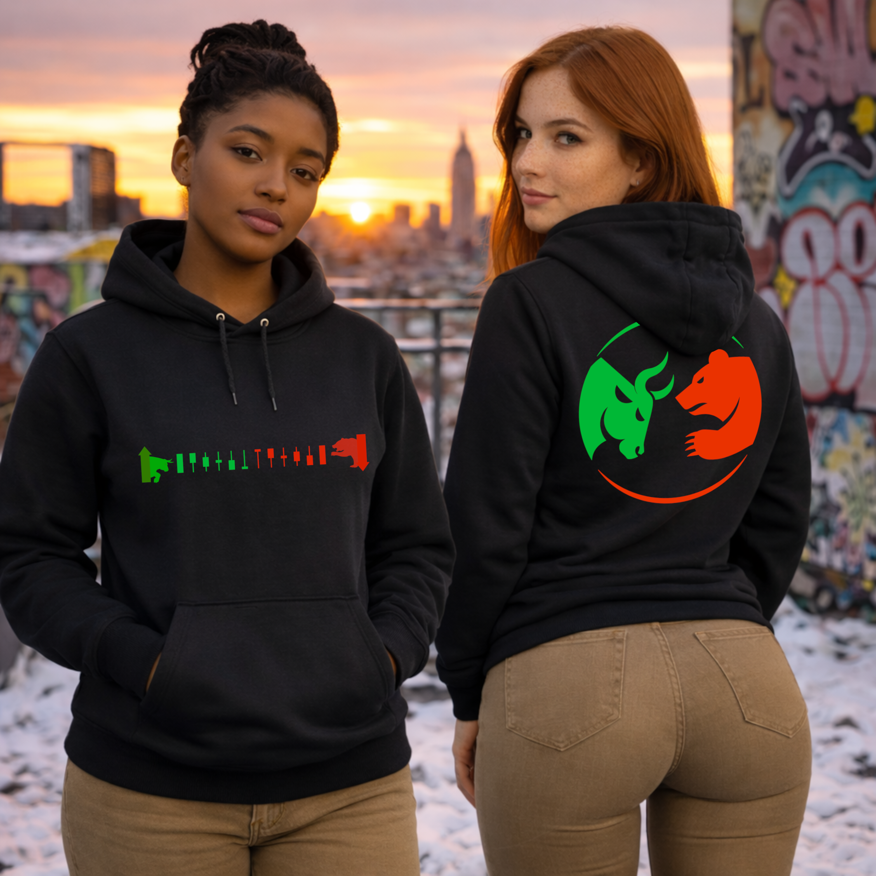 Crypto trading streetwear lifestyle image of the Bulls vs Bears hoodie in an urban winter setting