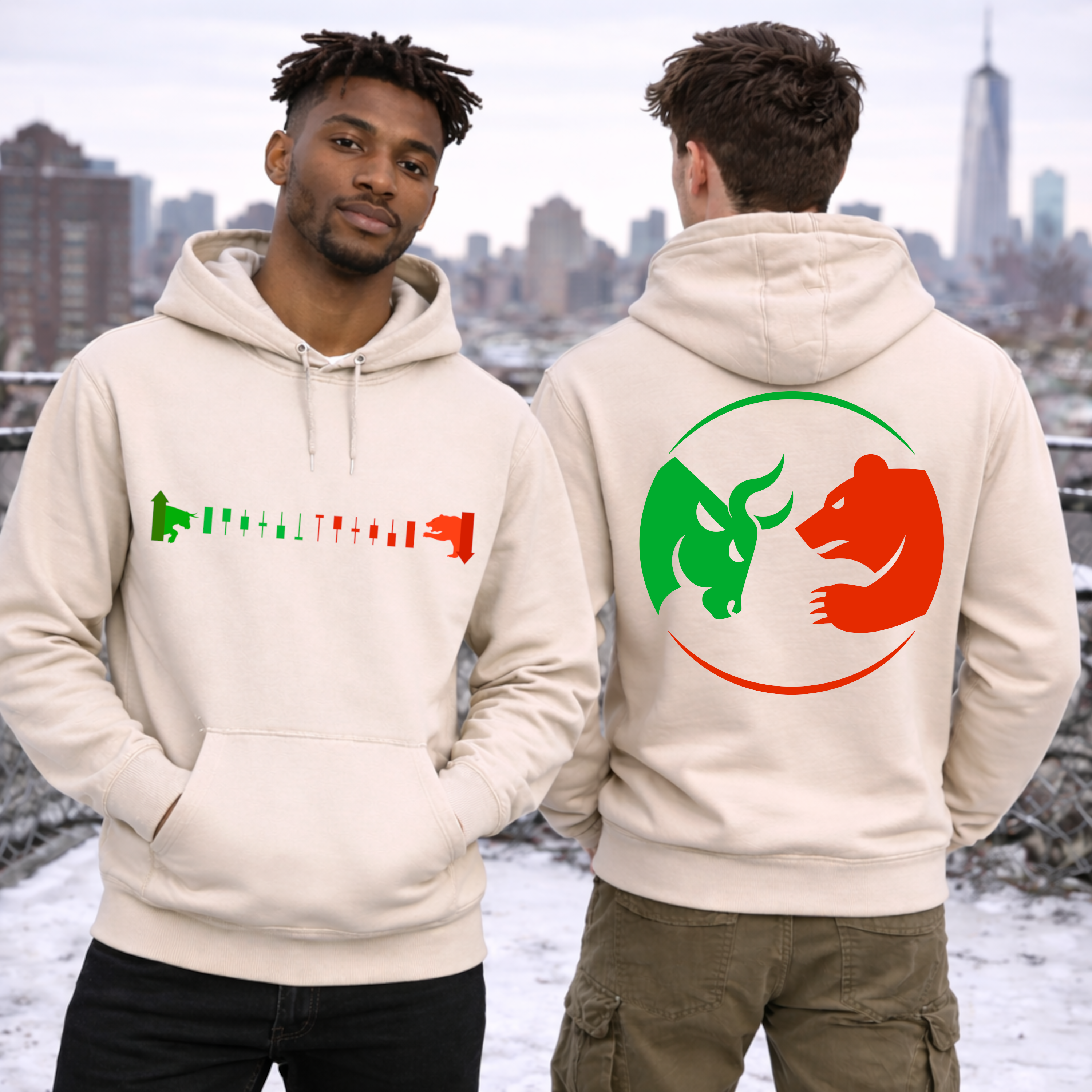 Lifestyle mockup of two models wearing the Bulls vs Bears hoodie on a city rooftop, front and back view visible