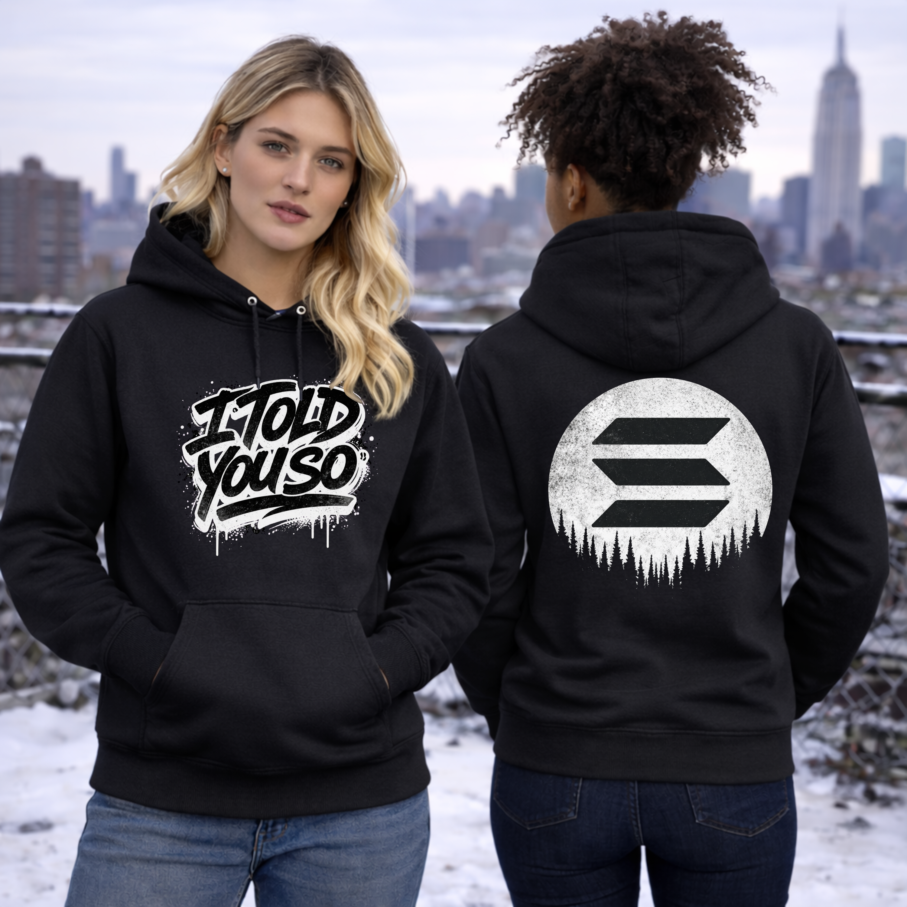 Two models wearing Solana to the Moon hoodies in black and white, crypto trading streetwear