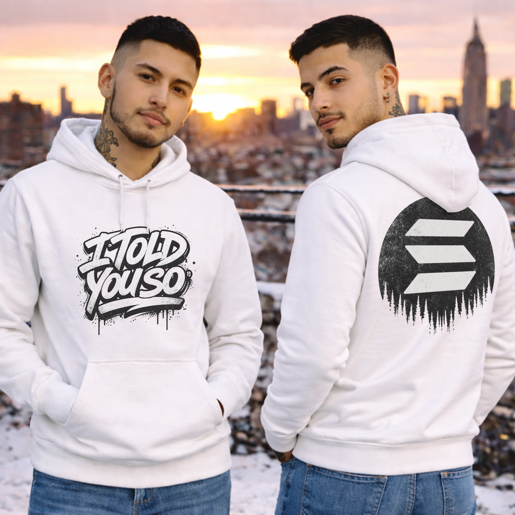 Male models wearing white Solana to the Moon hoodie with bold back graphic, crypto streetwear style