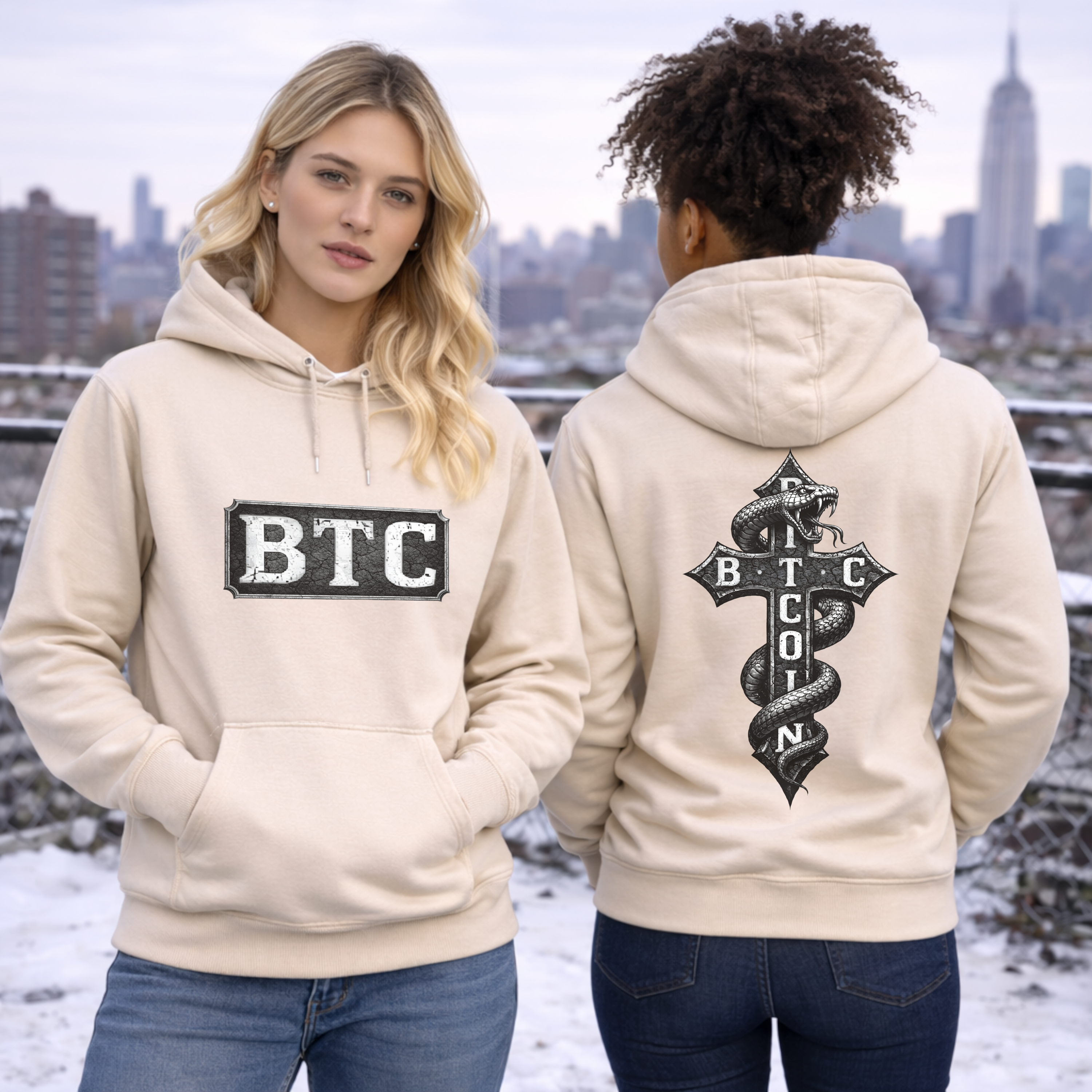 Bitcoin Serpent hoodie lifestyle photo worn outdoors