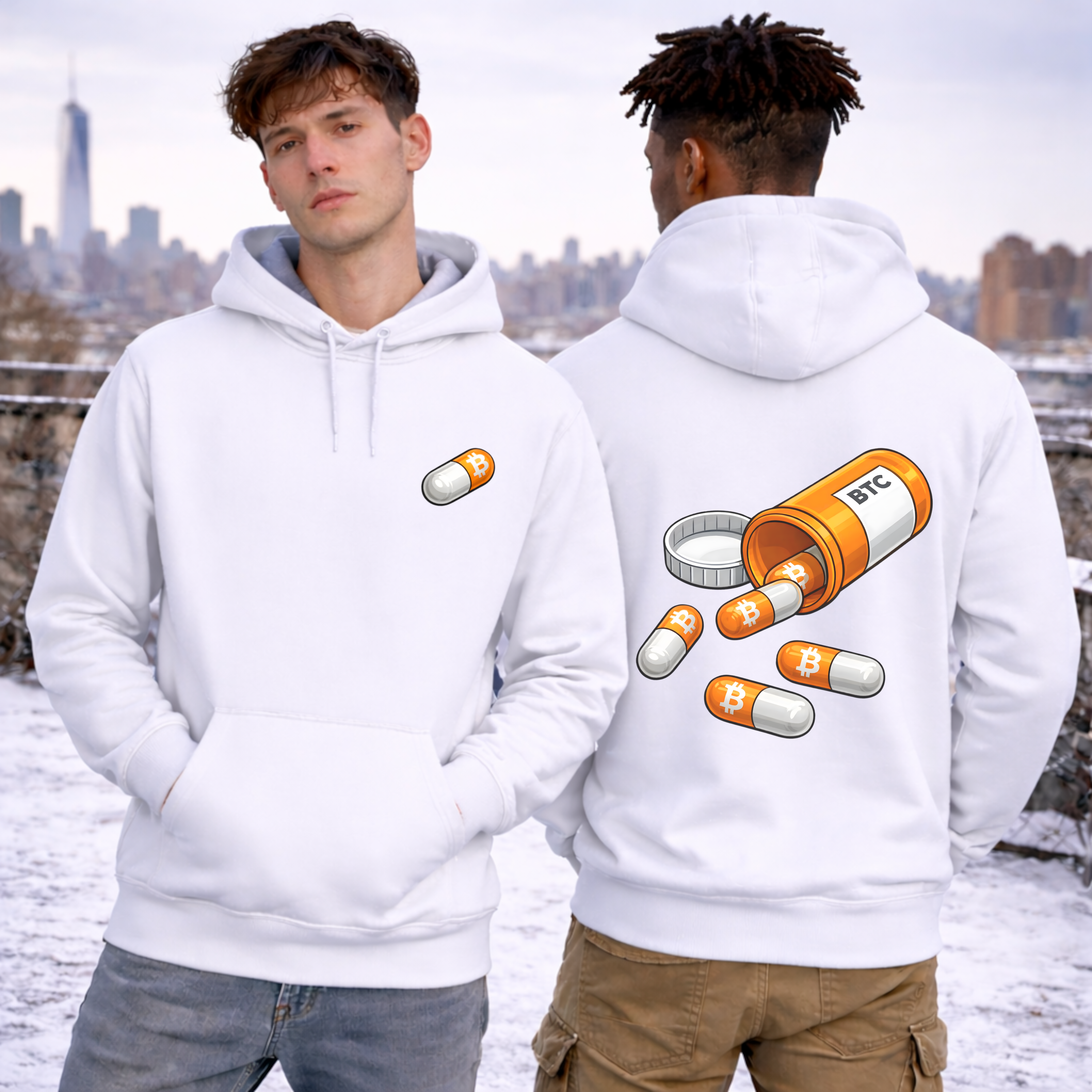 Take the Orange Pill hoodie lifestyle photo worn outdoors
