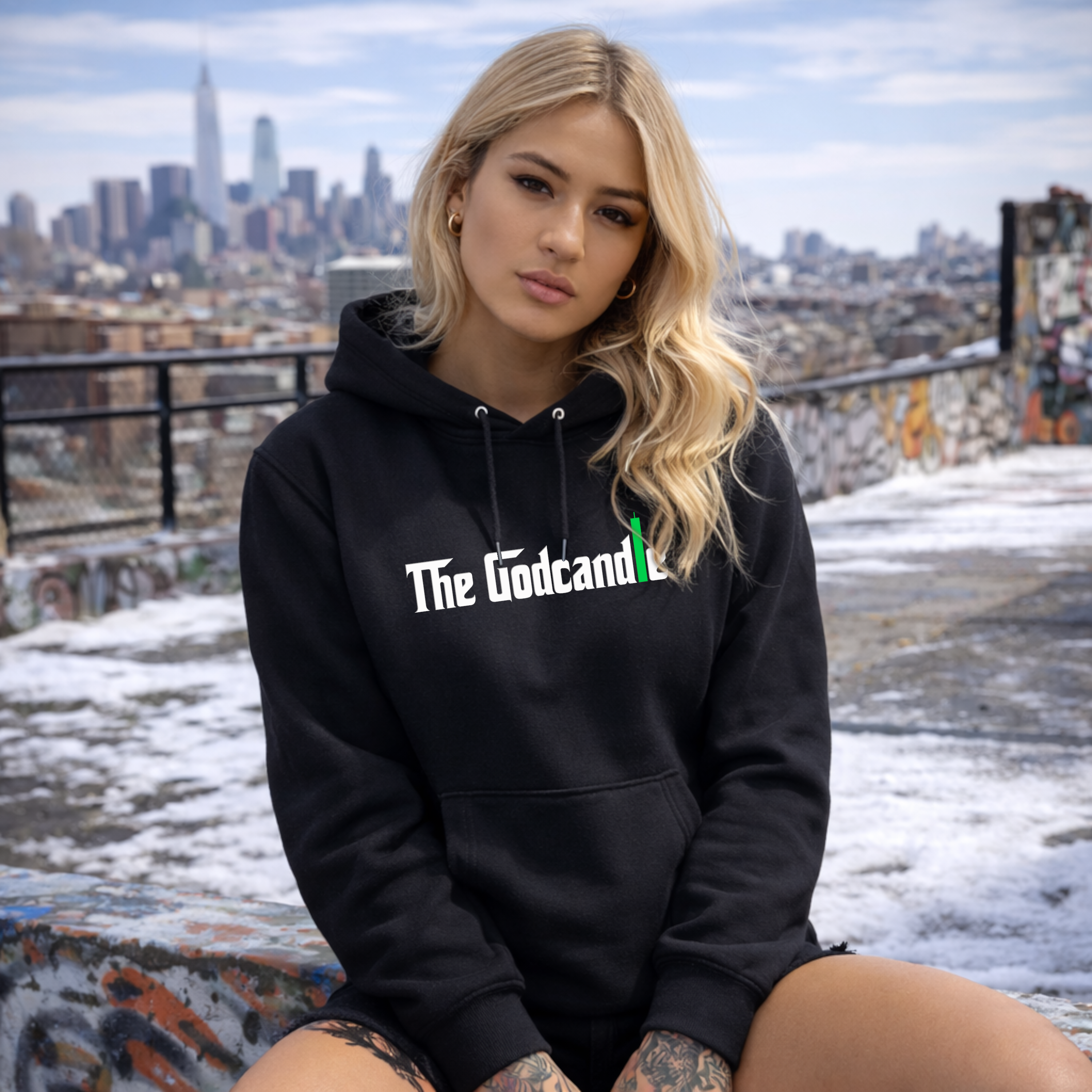 The Godcandle hoodie worn by female model on rooftop with city skyline