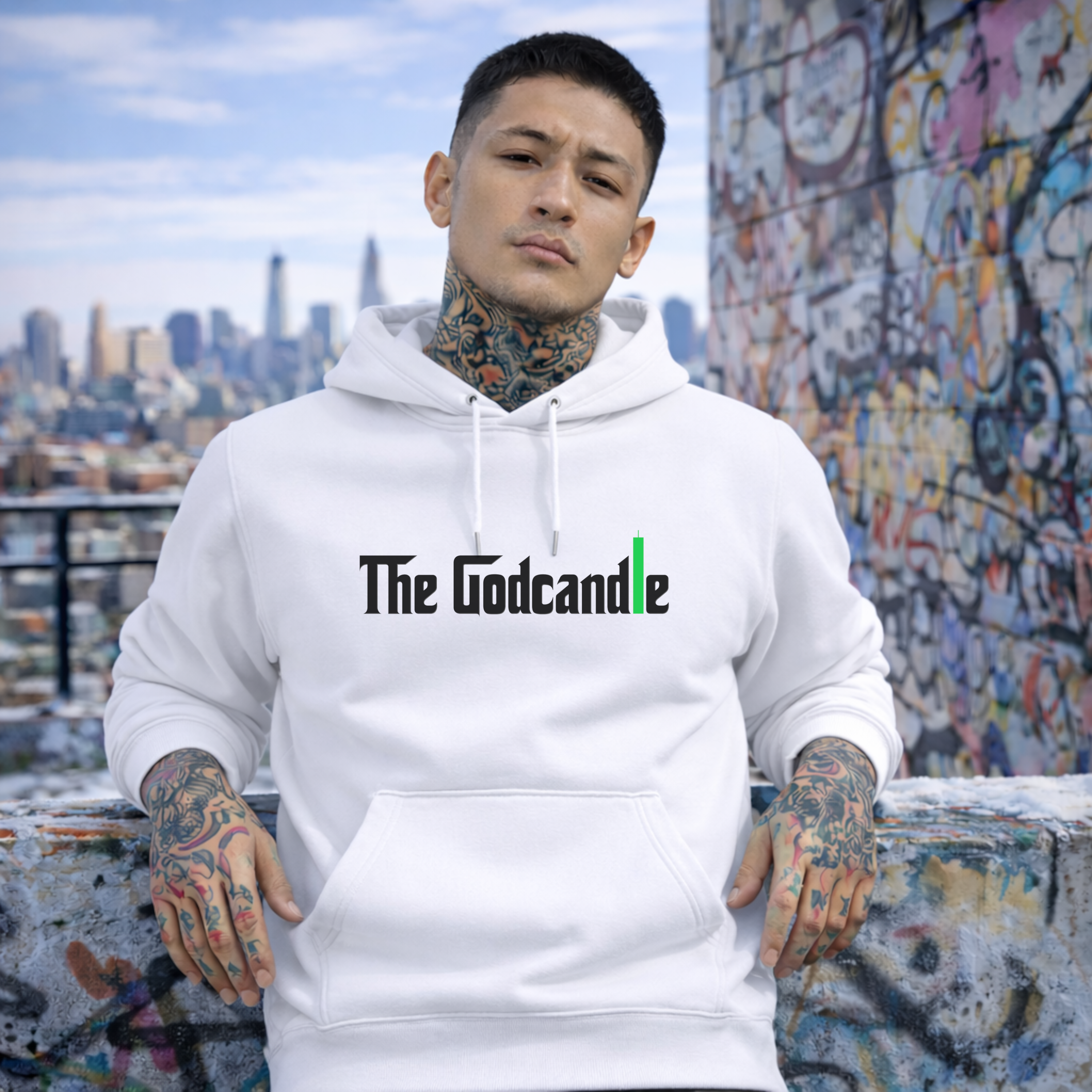 The Godcandle hoodie worn by female model on rooftop with city skyline